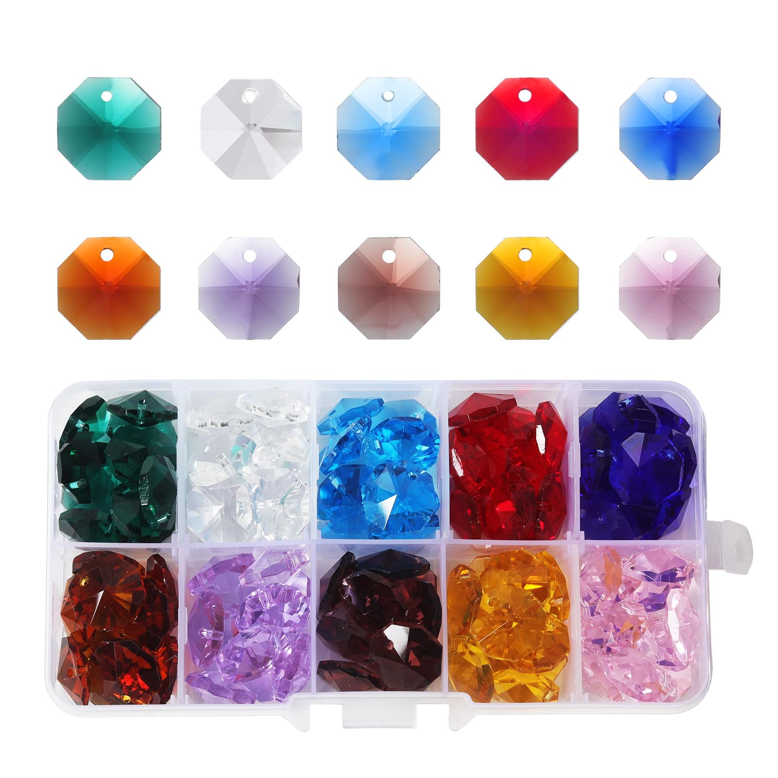 LONGWIN Lot 100pcs 1 Hole Multicolor Color Glass Octagon Beads, Crystal Prism Suncatcher Beads Chandelier Parts Replacement Beads DIY Lamp Hanging Pendant-image-10