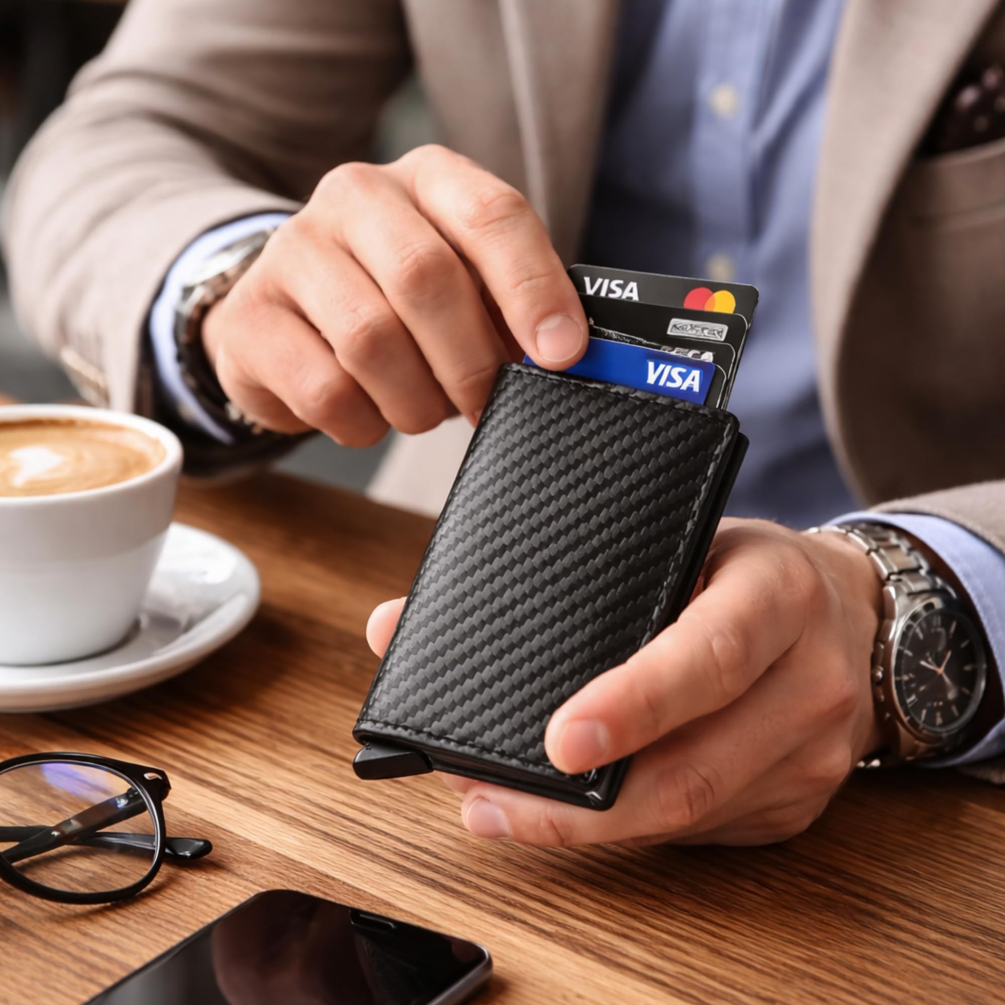 Cruban Cartera Minimalista Hombre RFID – Tarjetero Pop Up de Fibra de Carbono, Slim Wallet con Acceso Rápido para Tarjetas, Cartera Inteligente Antirrobo con Clip para Billetes — view 8