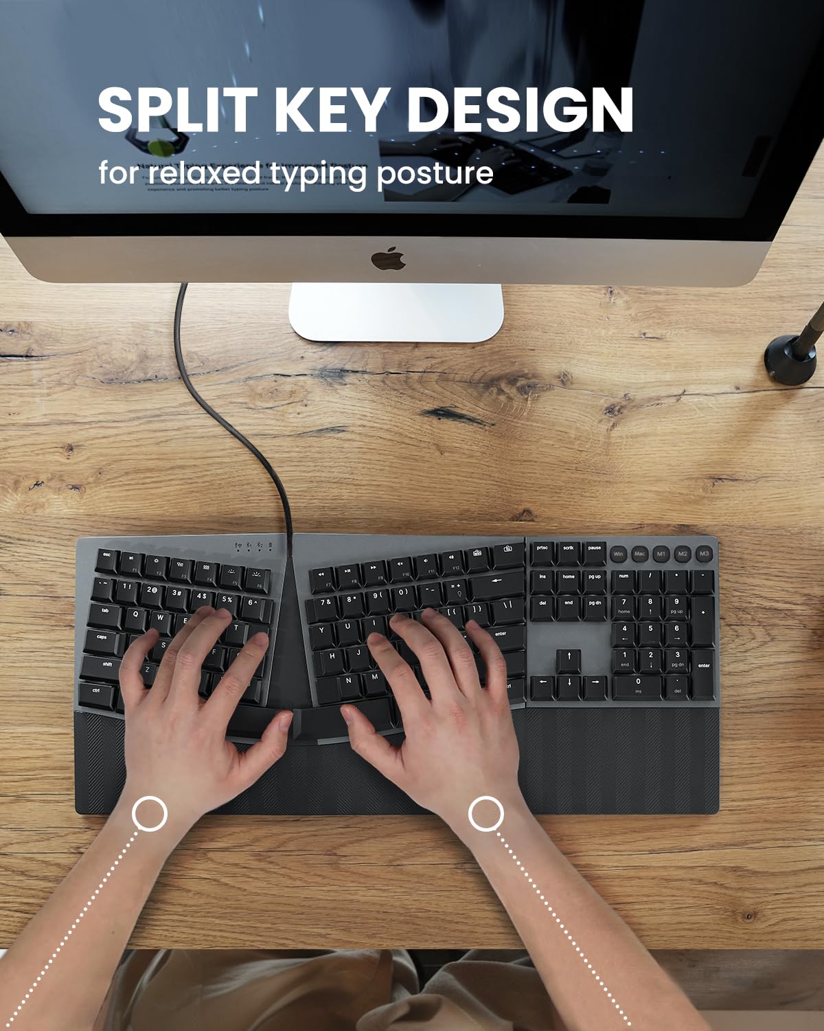 Perixx PERIBOARD-535BL Ergonomische kabelgebundene mechanische Tastatur, volle Größe, diskrete Blaue Klickschalter, kompatibel mit Windows und macOS