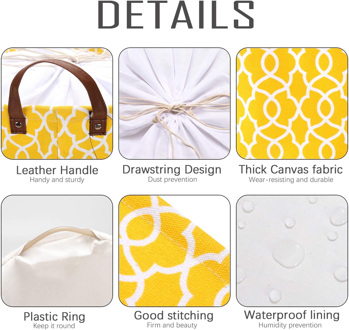Sea Team Laundry Hamper Canvas Fabric Laundry Basket Collapsible Storage Bin with PU Leather Handles and Drawstring Closure (19.7"/Large, Geometric Pattern/Yellow)