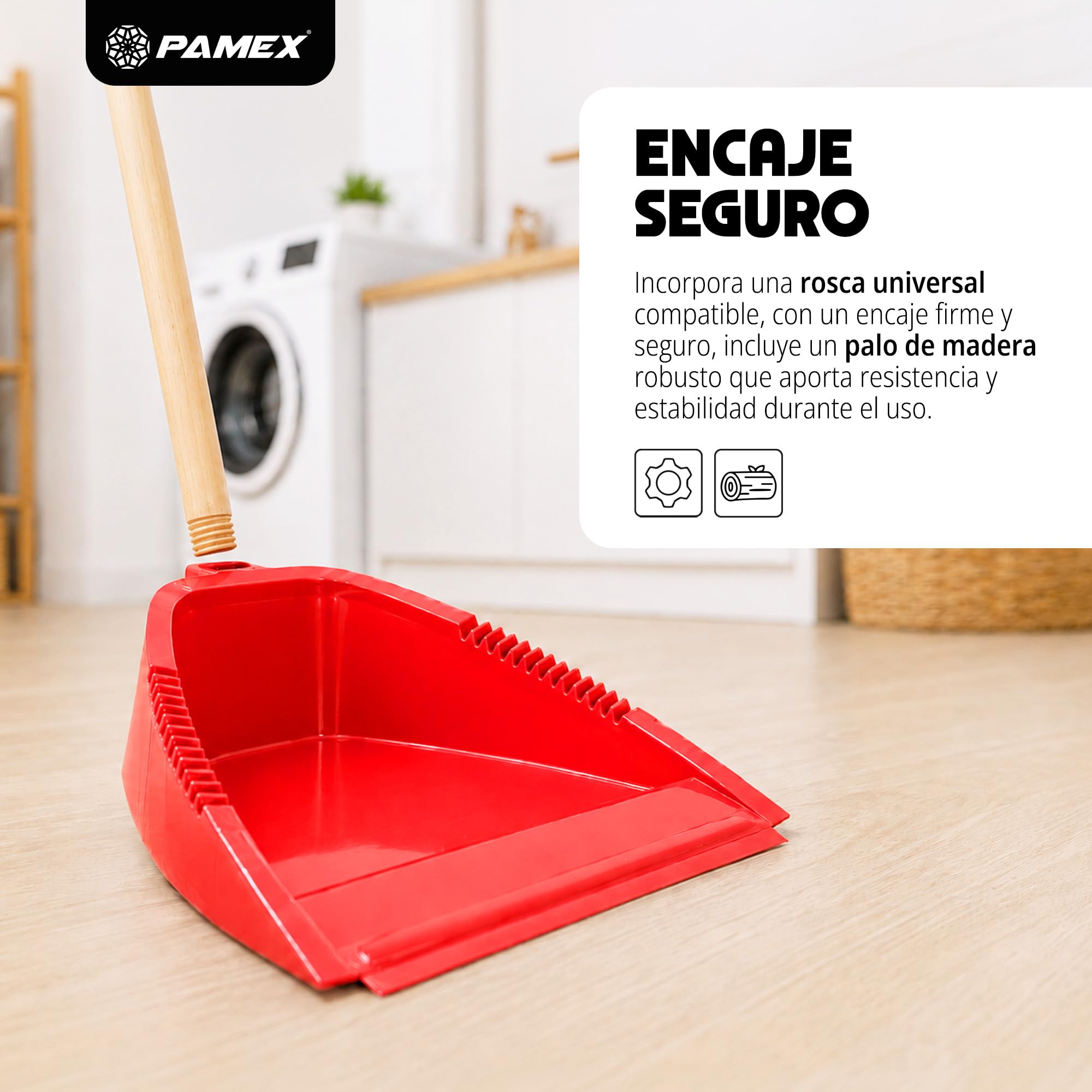 Pamex - Recogedor Tecnico Antivuelco con Palo Madera - 24 Unidades (Rojo)