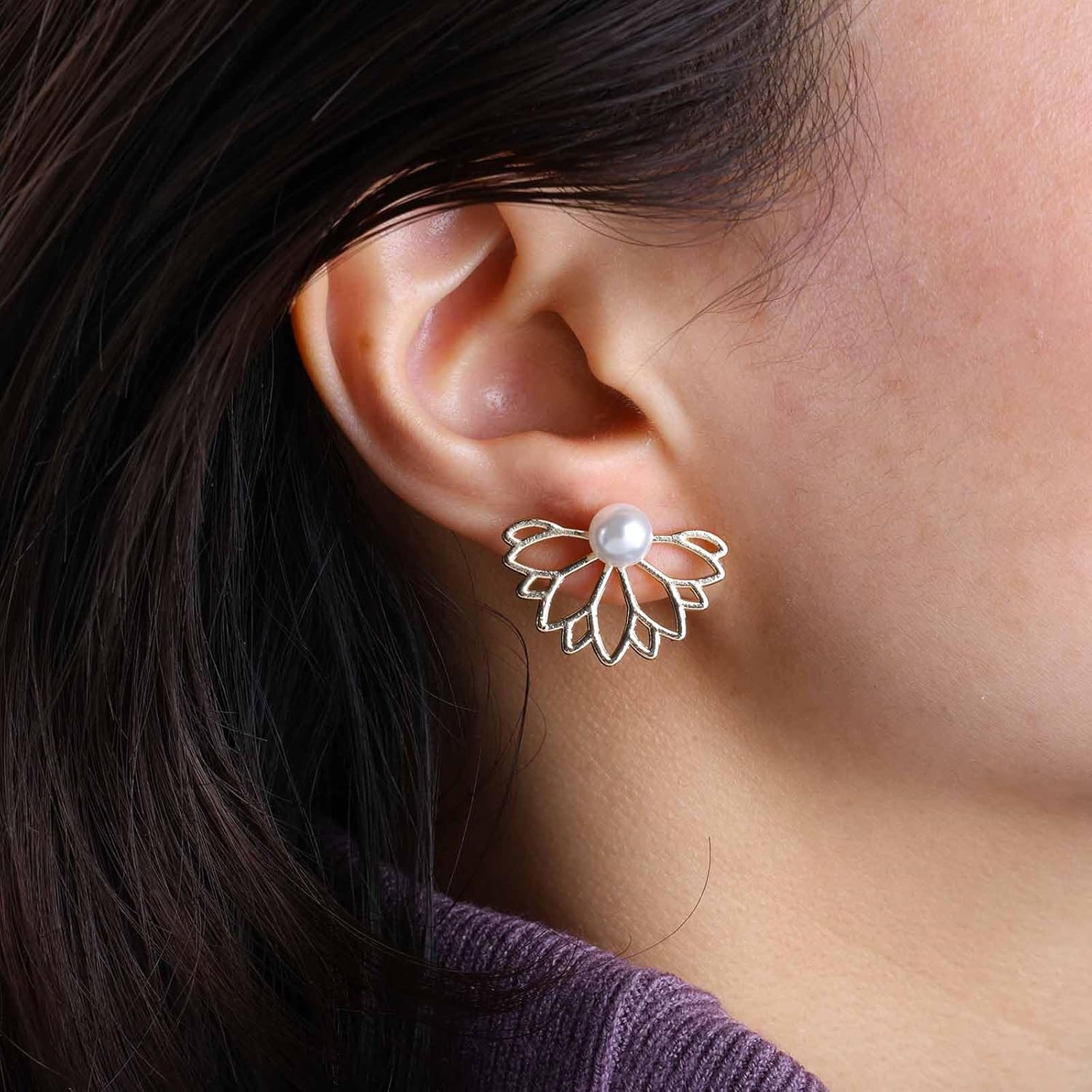 Boho Lotus Flower Ear Jacket Earrings Lotus Flower Stud Earrings Gold Pearl Front Back Earrings Minimalist Lotus Earrings Hollow Flower Earrings Jewelry for Women - Image 5