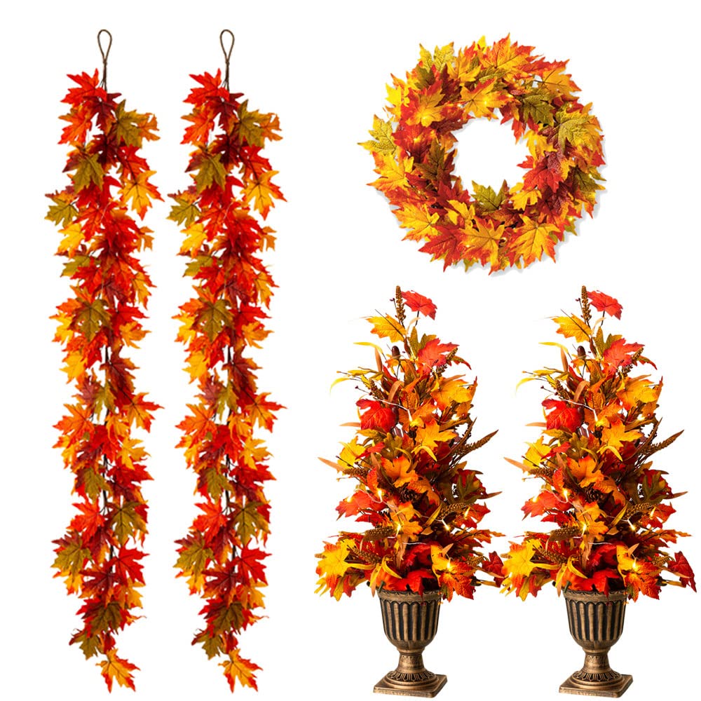Glitzhome 2Pcs Fall Lighted Maple Trees with 2Pcs Fall Garlands & 1Pc Pre-Lit Fall Maple Leaves Wreath, Artificial Tree Urn Potted Porch Tree with Warm White LED Lights for Front Door Decoration