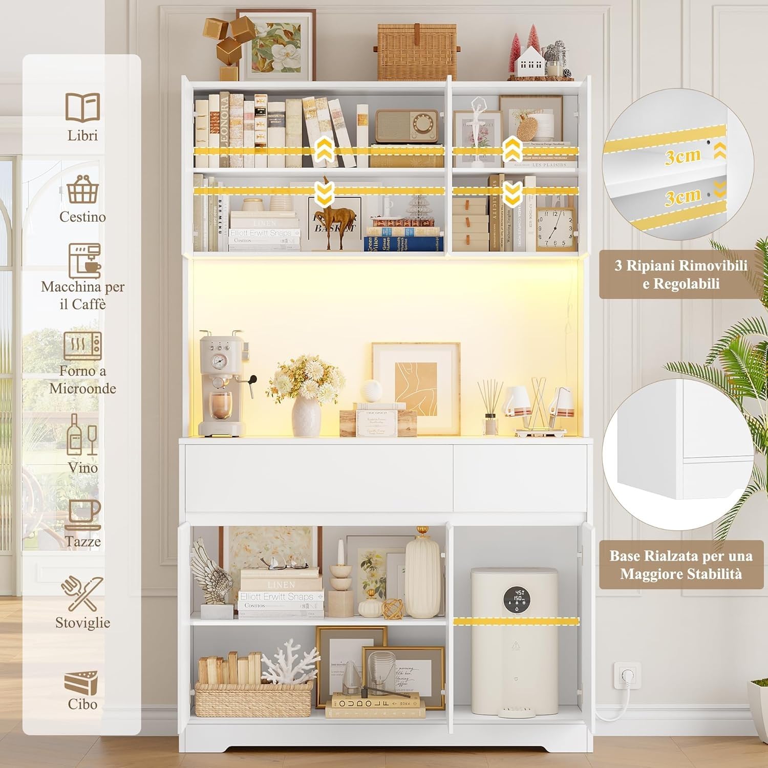 FirFurd Mobile Cucina, Credenza Cucina Alta con Presa e Luce LED, Mobile Dispensa con Ripiani Regolabili, Ampio Piano di Lavoro, per Sala da Pranzo, Soggiorno, 100x38,5x180cm (Bianco)