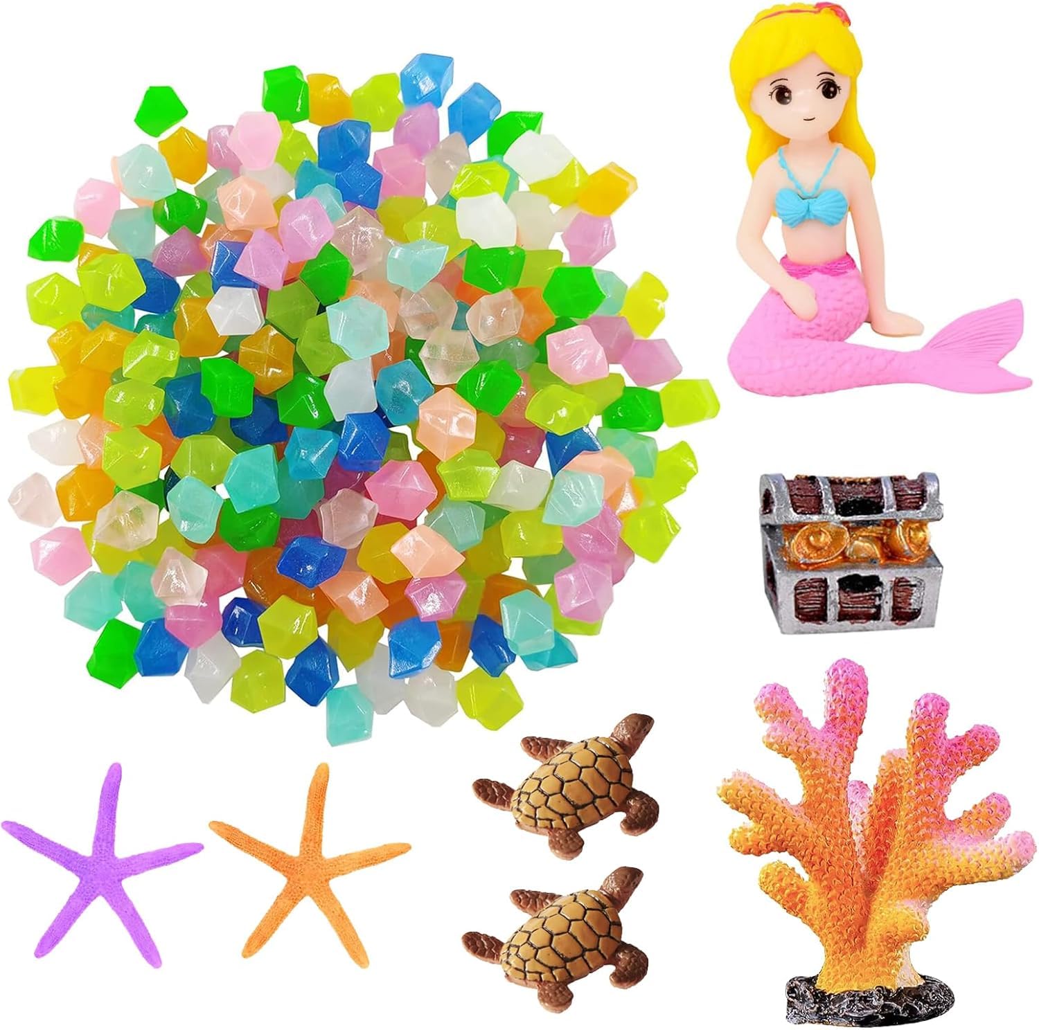 Yesnote Mermaid Set Fish Tank Aquarium Decoration Set, Mini 100Pcs Glowing Pebbles Liminous Rocks, Teatle Mermaid Starfish Coral Treasure Chest Ornaments For Micro Landscape Waterscape Fish Tank Aquarium Decor