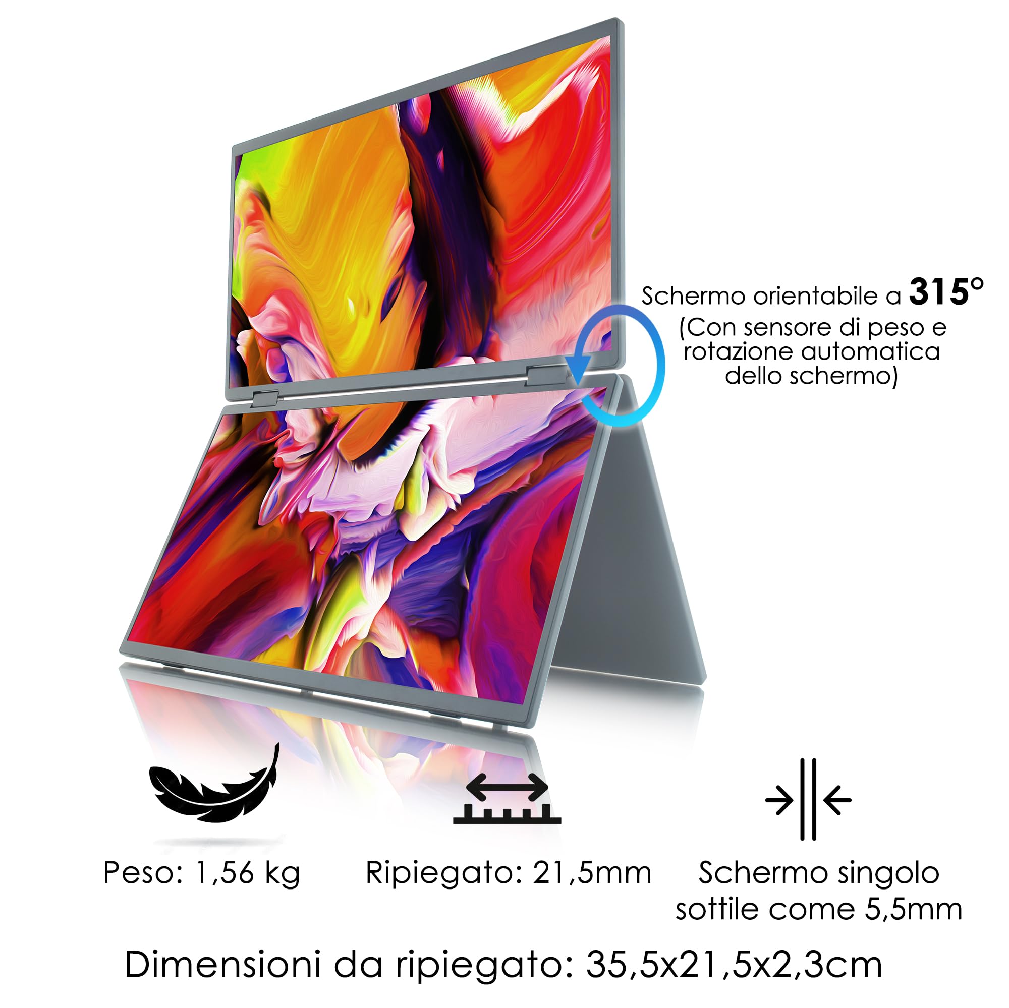 15,6 Pollici Monitor Triplo Portatile 1080P FHD Max 1920x2160 IPS USB-C HDMI Plug & Play Secondo Estensore Laptop Schermo Esterno per Multitasking Ufficio Casa Viaggi -Nero