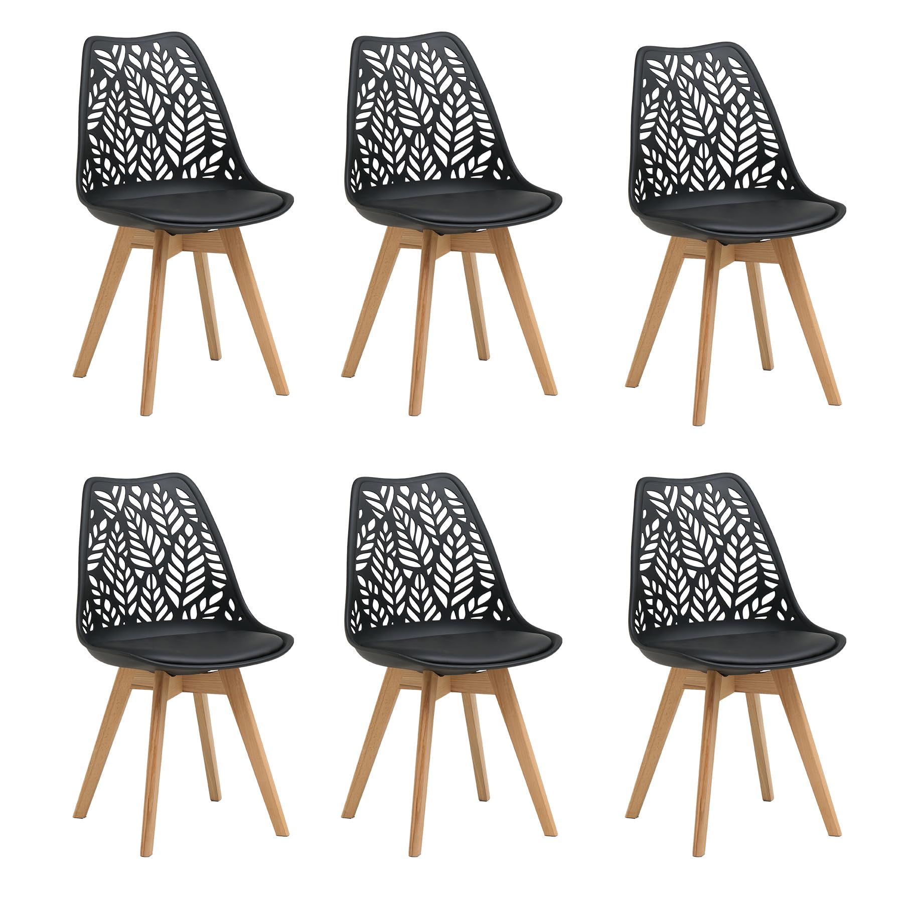 Lot de 6 chaises de Salle à Manger de Style Nordique Chaises de Cuisine aux Pieds en Bois Massif,Dossier ajouré et revêtement en Similicuir pour salles à Manger, Cuisines et Salons,Blanc