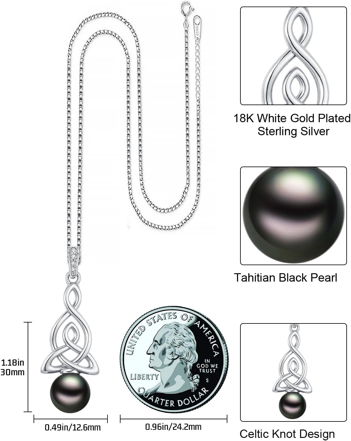 Tahitian Black Pearl 10mm AAAA 18K White Gold Plated Sterling Silver Celtic Knot Pendant Necklace for Women Wife Mom Girlfriend Jewelry Gift for Mother Day Wedding Anniversary Birthday - Image 6