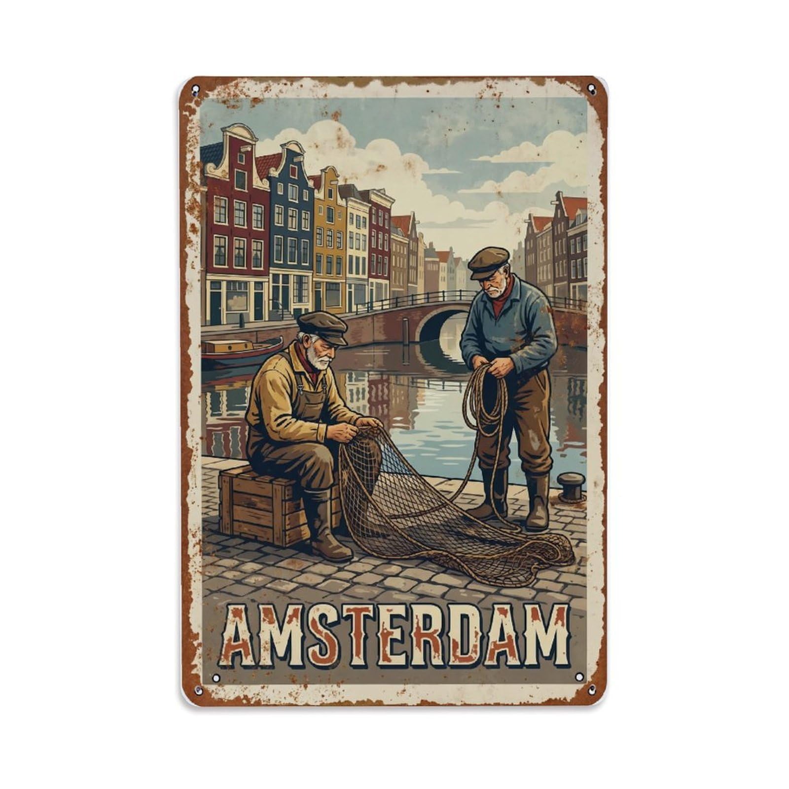 Vintage Travel Fisherman Netherlands Working Metal Tin Sign Plaque Wall Decor for Cafe, Club Bar, Office, Home Garden Metal Poster 8x12Inch