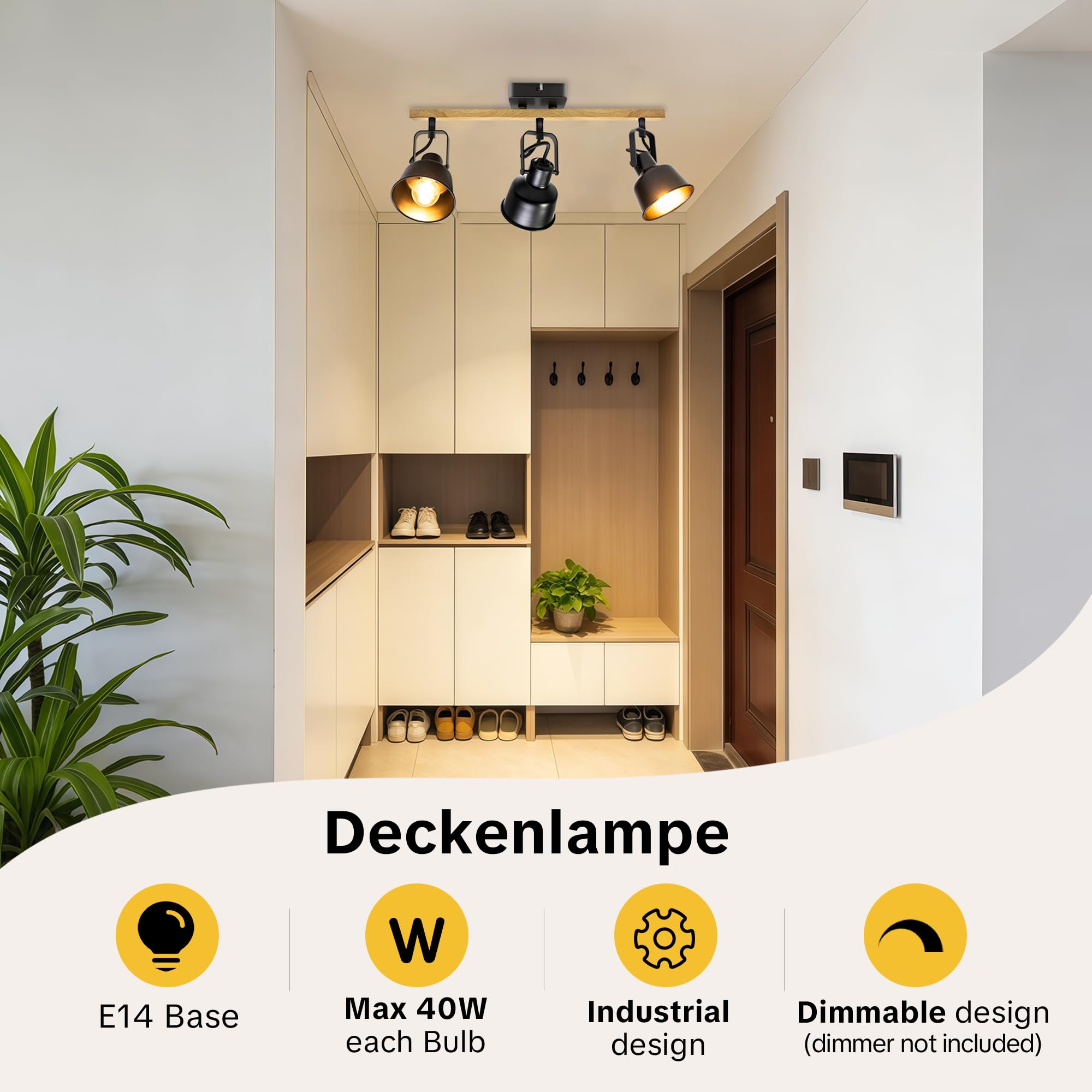 Deckenstrahler 3 Flammig Schwenkbar 350° LED Deckenleuchte E14 Fassung Industrial Holzmaserung Schwarz