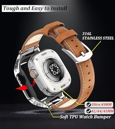 Miniatura 10 de Stainless Steel Case Compatible with Apple Watch Ultra 2 Bands for Men 49mm 45mm 44mm 42mm,Vintage Genuine Leather Strap for iWatch Ultra 12 Series
