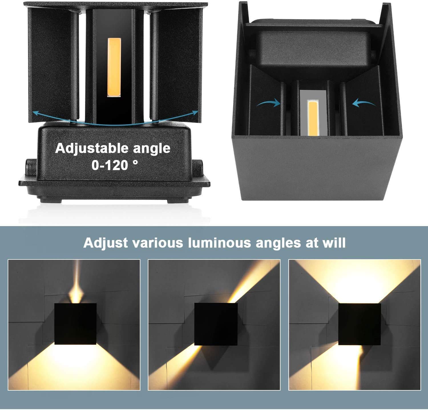 Kingwei 8 Stücke LED Wandleuchten Innen/Aussen 12W Wandlampen Auf und ab Einstellbarer Lichtstrahl LED Aussenlampe Wasserdichte IP65 Außenwandleuchten Warmweiß 3000K Wandbeleuchtung Schwarz