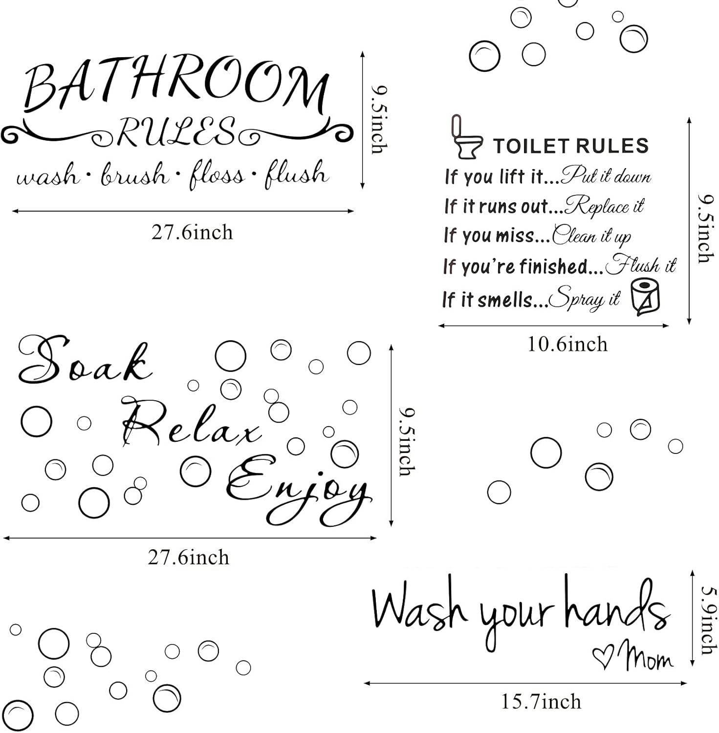4 Pieces Bathroom Wall Decals Sticker Toilet Rules Soak Relax Enjoy Bathroom Rules Wash Your Hands Love Mom Wall Quote Saying Stickers Vinyl Art Decor for Home Restroom (Black)