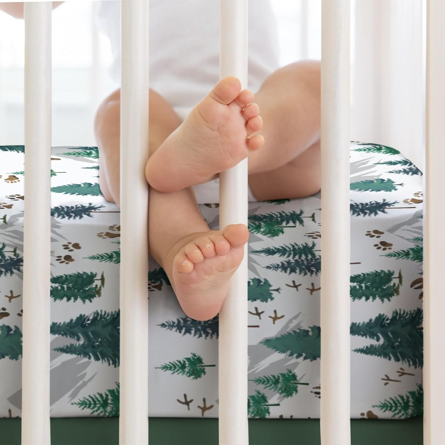 Green Pine Trees Animals Tracks Baby Crib Sheet 52''x28'' Pine Trees Paws Mountain Snug Fitted Crib Mattress Cover for Boy Girl Wildlife Soft Baby Bed Sheets for Standard Crib & Toddler Mattress