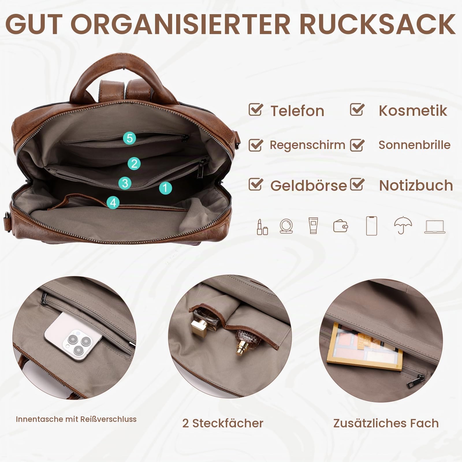 VASCHY Rucksack Damen, Large Vegan Leder Rucksack Set mit Geldbörse Convertible Handtasche für Frauen Arbeit Reisen