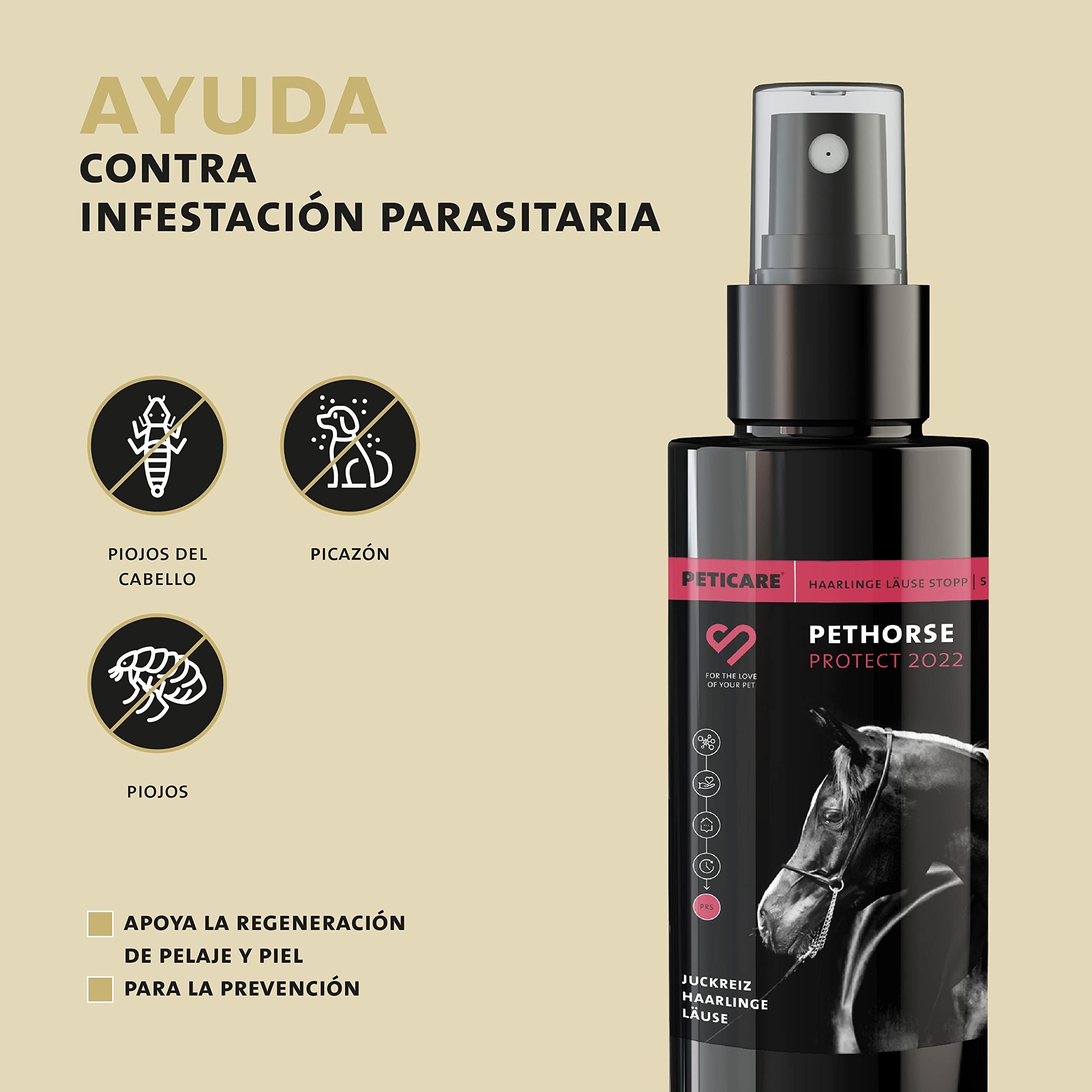Peticare PetHorse Protect 2022 - Aerosol antipiojos y calzas de pelo para caballos | Remedio especial alivia eficazmente el picor y apoya el proceso de regeneración. Sistema PRS único para acción