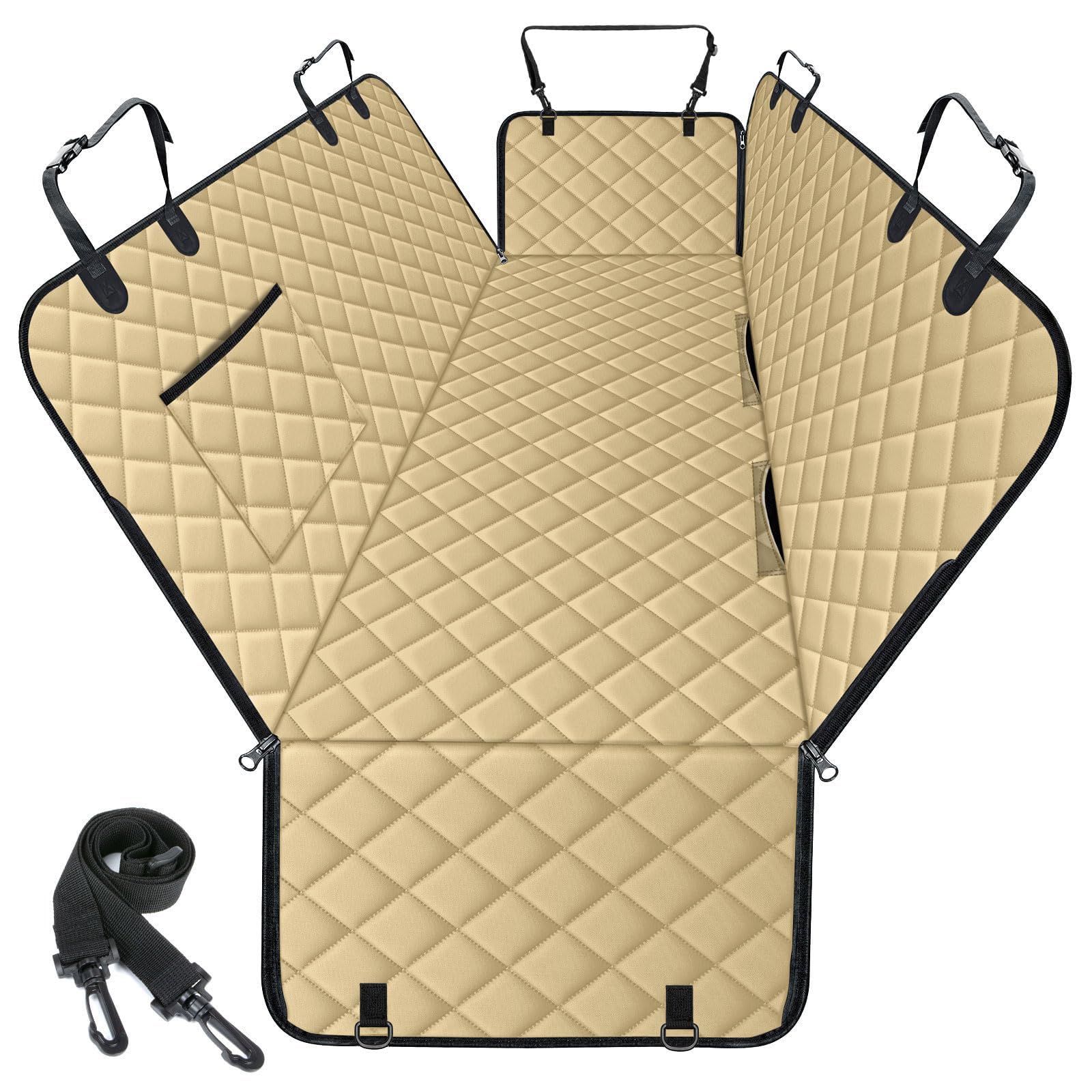 NECKORY Dog Car Seat Cover, Durable Dog Seat Cover for Back Seat, Waterproof Scratch Proof Nonslip Dog Hammock, Pet Back Seat Covers Pocket for Cars SUVs and Trucks- L, Khaki/Black