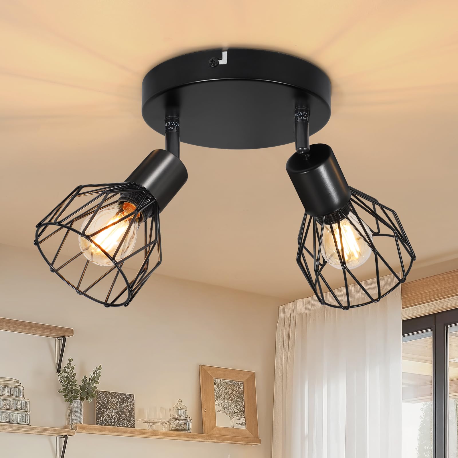 Dehobo Lampara Techo con 2 Focos Base E14 Retro - Lamparas de Techo Salon Ajustables y Giratorios - Negro Foco de Techo Lampara Techo Industrial,para Interiores Dormitorio Cocina, Sin Bombillas