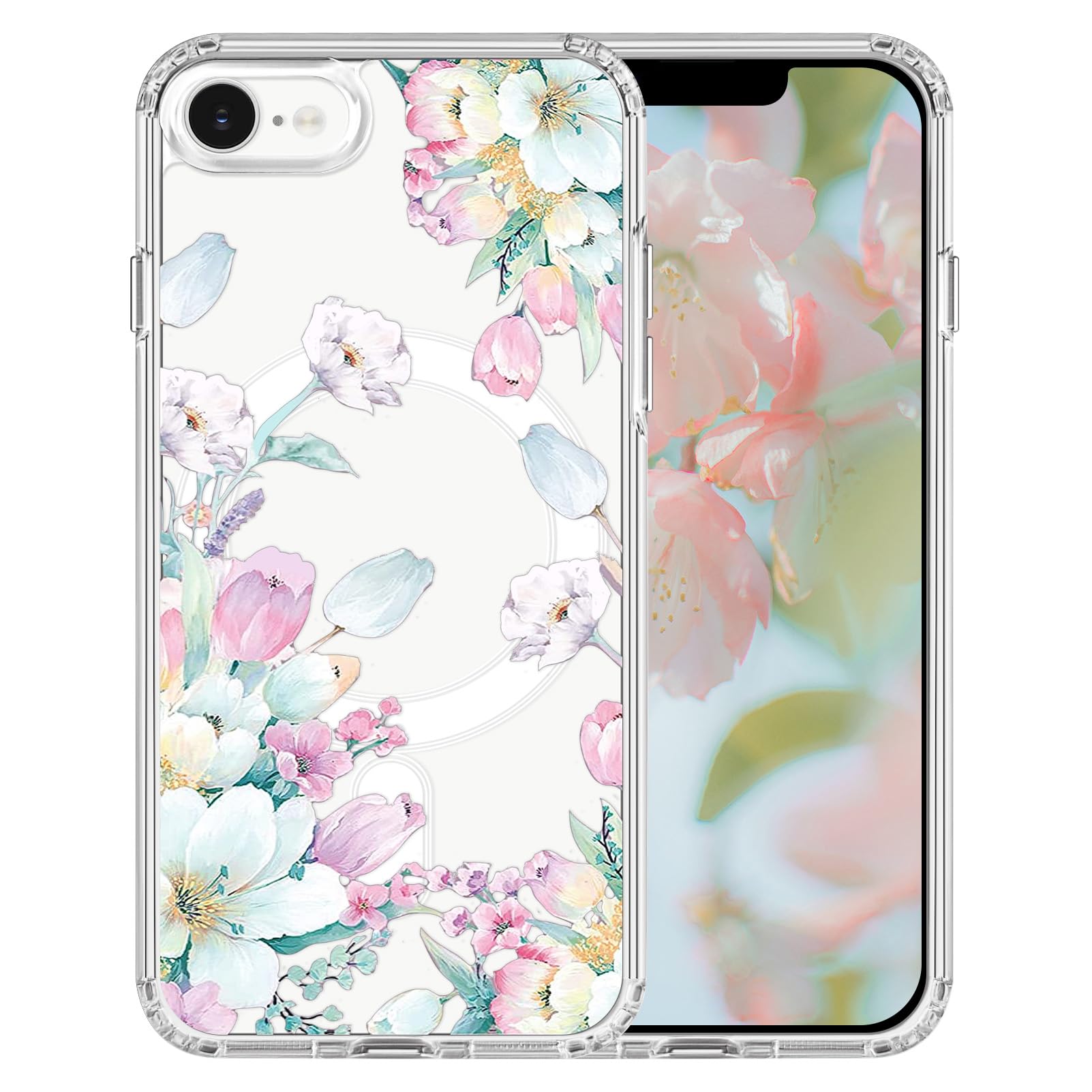 Tcaraersing for iPhone 16e/17e 6.1" Flower Case Magnetic [Compatible with MagSafe] Floral Pattern Clear Shockproof [Hard PC Back Soft TPU Edge] Slim