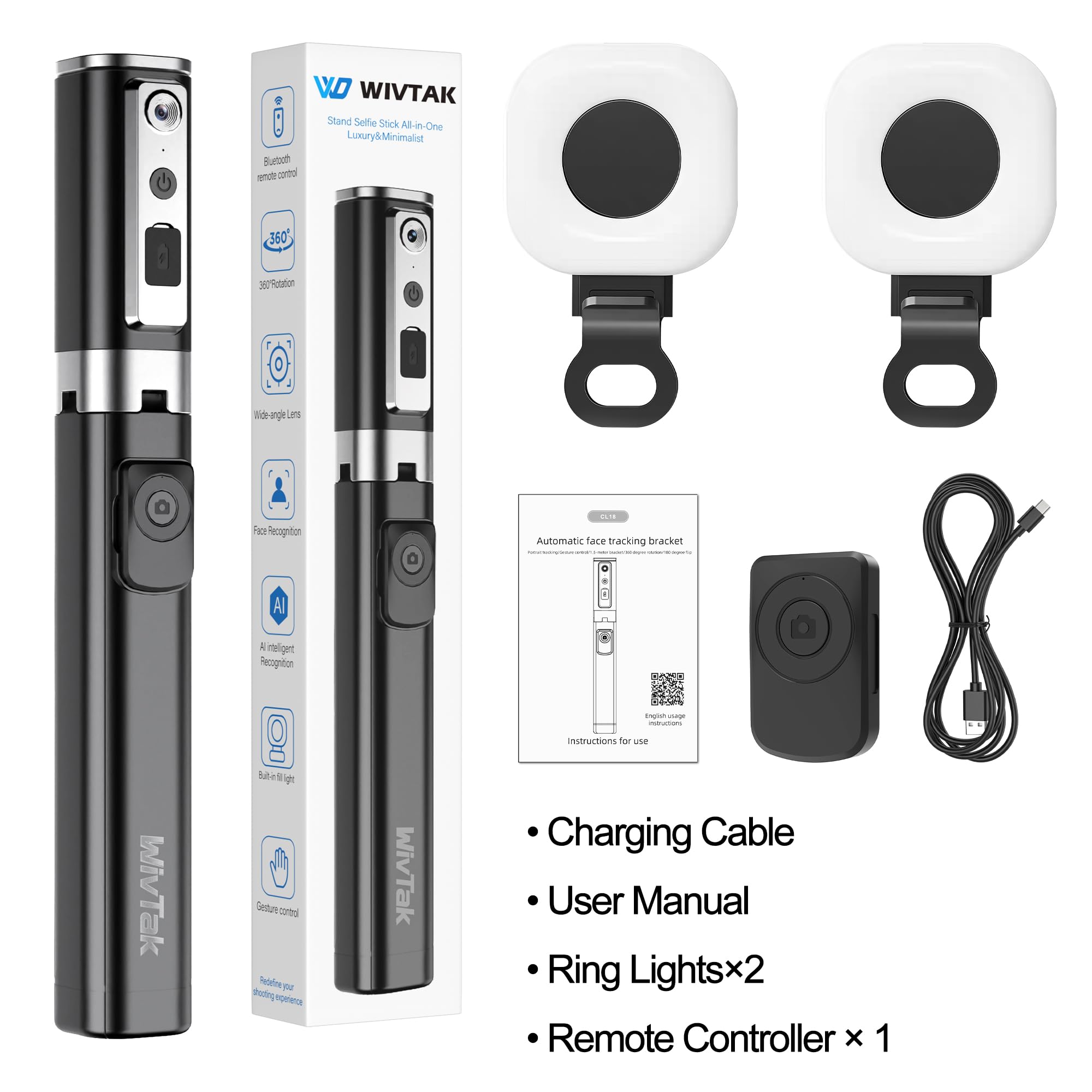 Treppiede per selfie per iPhone, rotazione a 360 gradi che segue il viso e il movimento (supporto 3 in 1 con luce a 2 anelli)