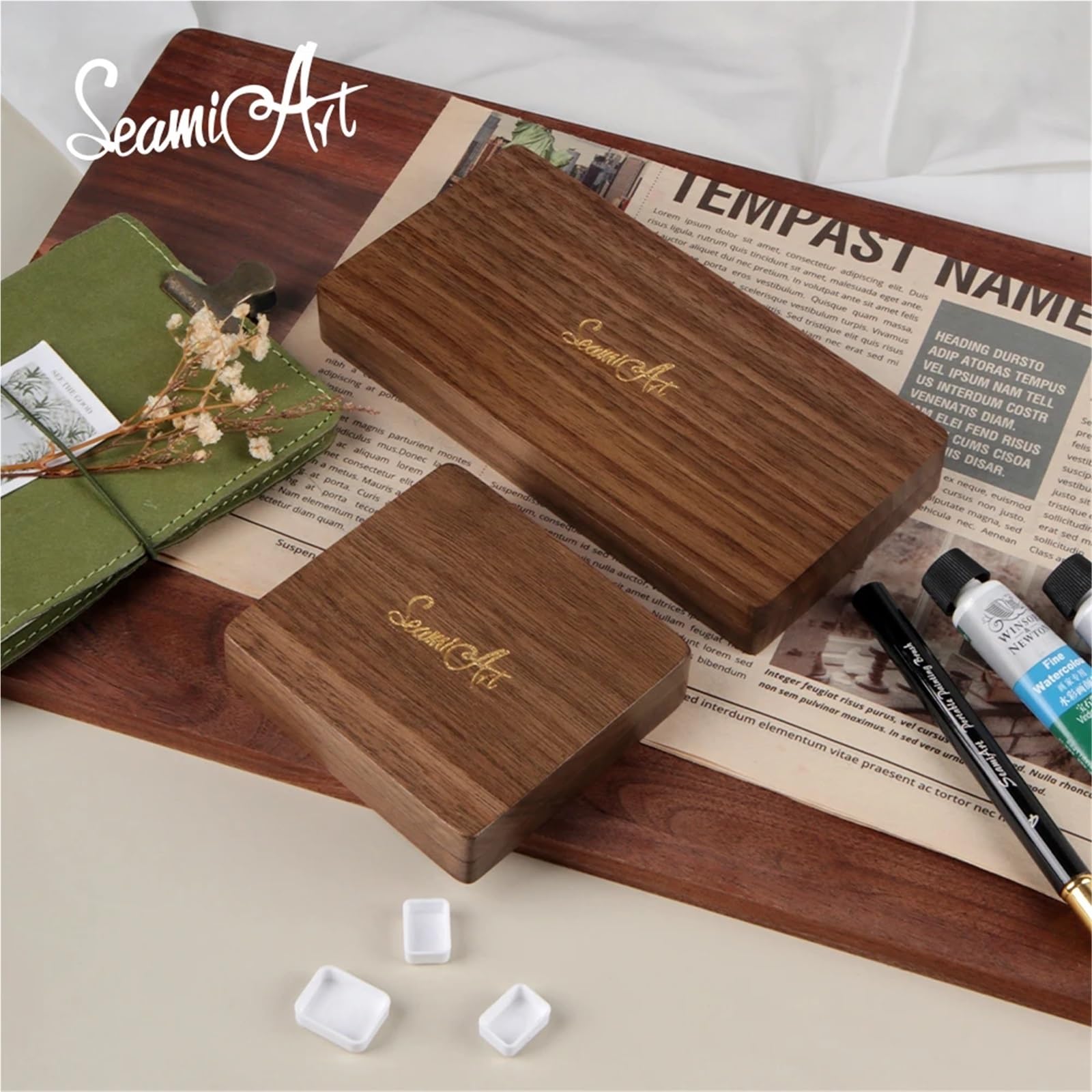 Taca do mieszania farb, Zestaw palet do mieszania farb akwarelowych z pudełkiem paletą czarnego orzecha i półmiskami o pojemności 0,5 ml(Wooden Box Set)