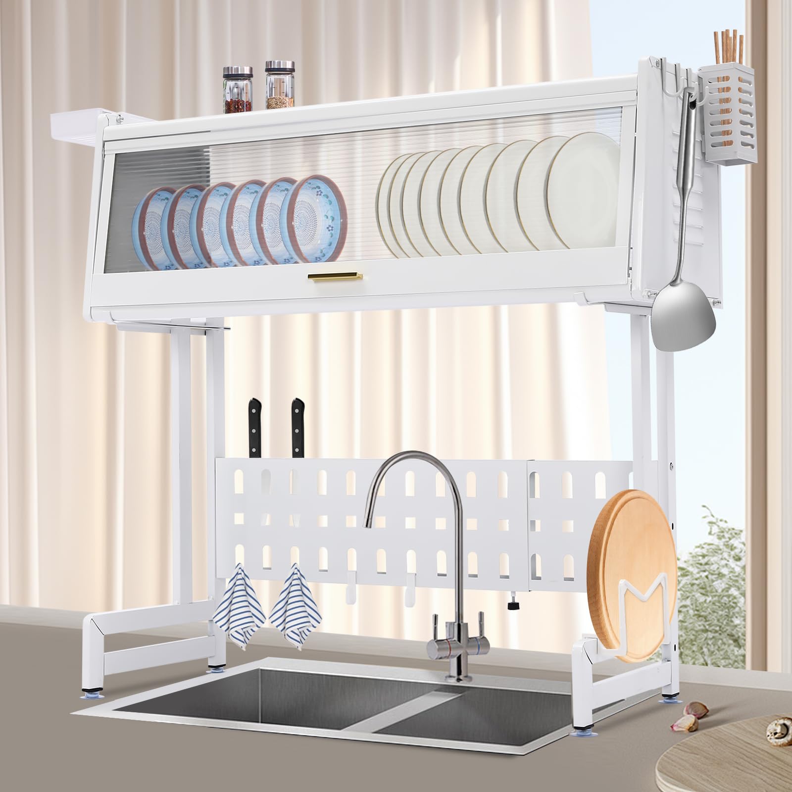 Abtropfgestell Geschirr Trockengestell über der Spüle, 3 Ebenen Kohlenstoffstahl Geschirrständer Dish Drying Rack, Erweiterbar Geschirrabtropfgestell Großes Geschirrtrockner für Küchentheke (Weiß)