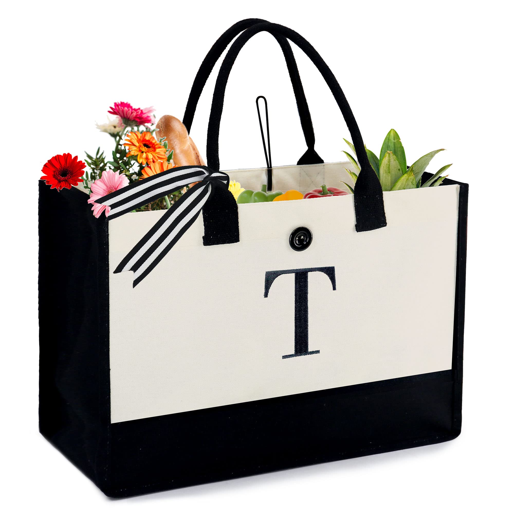 BeeGreen Birthday Gifts For Women 13oz Canvas Tote Bag with Pocket Initial Gifts For Sister Mom Friends Teacher