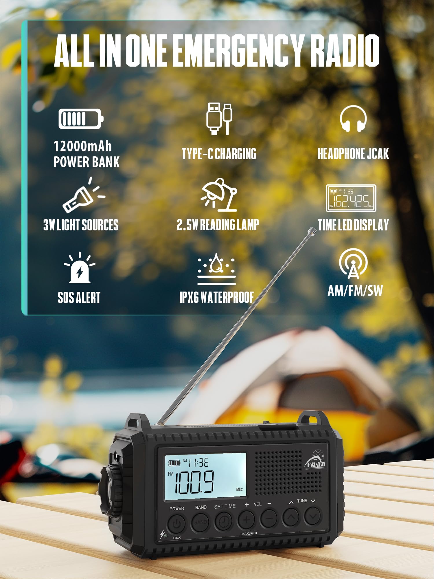 Kurbelradio mit Solar & 12000mAh Powerbank | AM/FM/SW Notfallradio, USB-C Handyladung, SOS-Alarm, Taschenlampe & Leselampe | Radio mit Weltempfänger | Wasserdicht, Tragbar für Camping, Outdoor,Schwarz
