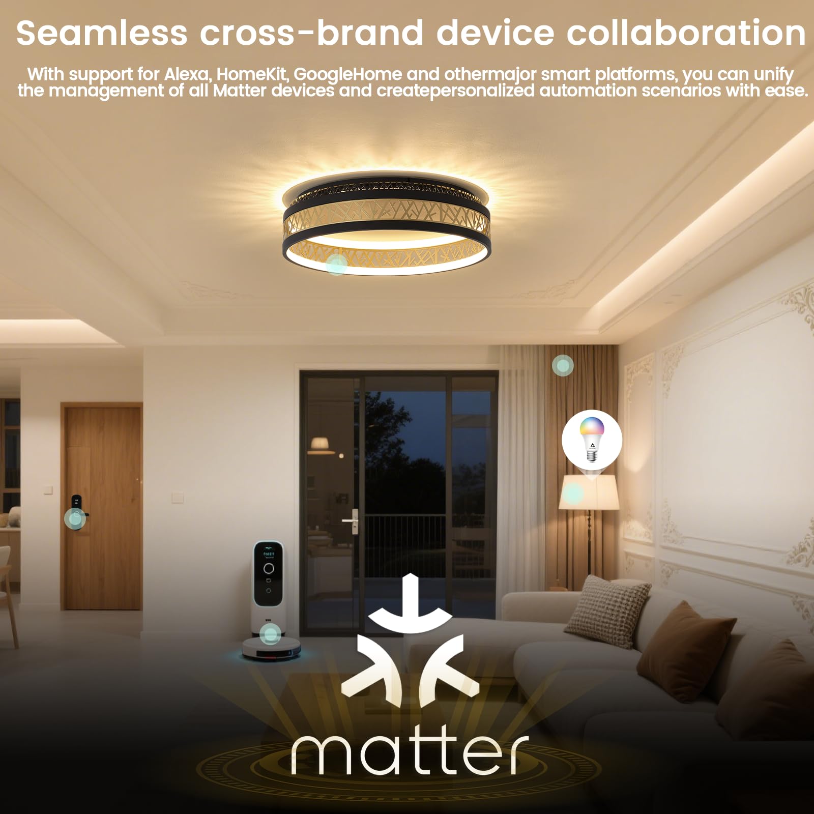Yuanfenghua LED Deckenleuchte Mit Fernbedienung, Dimmbar Schlafzimmer Lampe with Matter Kompatibel Mit Alexa,HomeKit,Google and eWeLink APP, Rund Schwarz Gold Aushöhlen Design Wohnzimmer Ø50×H12CM