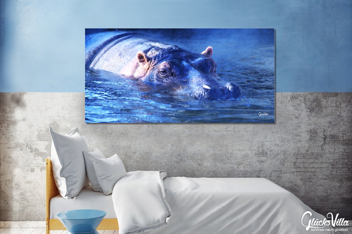 Glücksvilla - Nilpferd 2 (Leinwand-Bild 2 cm, 200 x 100 cm) | div. Maße - aus DE - Kunstdruck Deko Wandbild quer - Wildnis Afrika Natur Tier Hippo