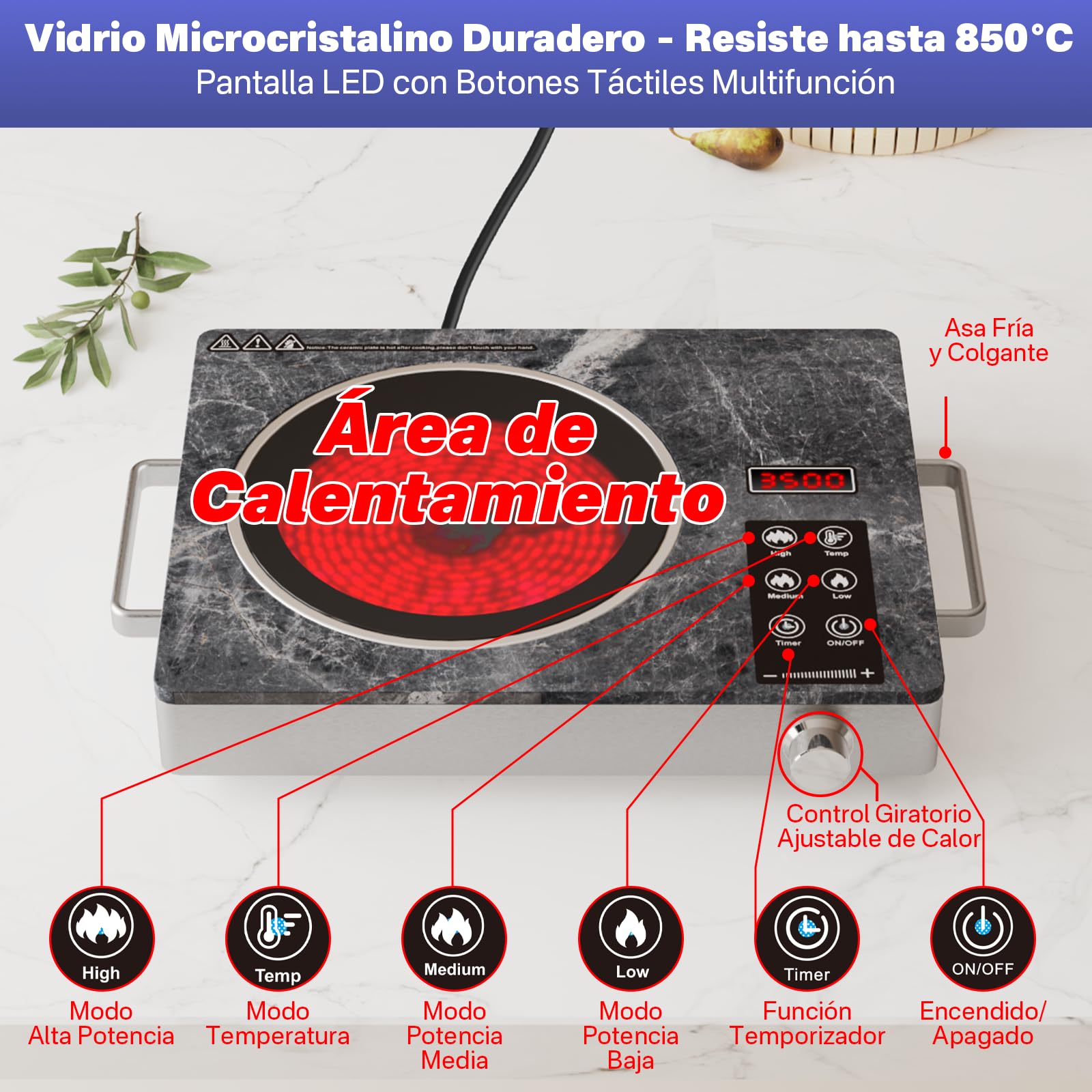 Placa Vitrocerámica Infrarroja 3500W | Cocina Eléctrica con Vidrio Microcristalino | Compatible con Todo Tipo de Sartenes | Funciones de Seguridad Integradas | Diseño Premium en Mármol