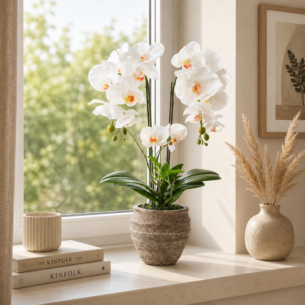 PASCH® Orchidées artificielles (60 cm) dans un pot cube en pierre fait à la main - Fleurs artificielles comme de vraies orchidées artificielles en pot - Fleurs artificielles en pot - Orchidée