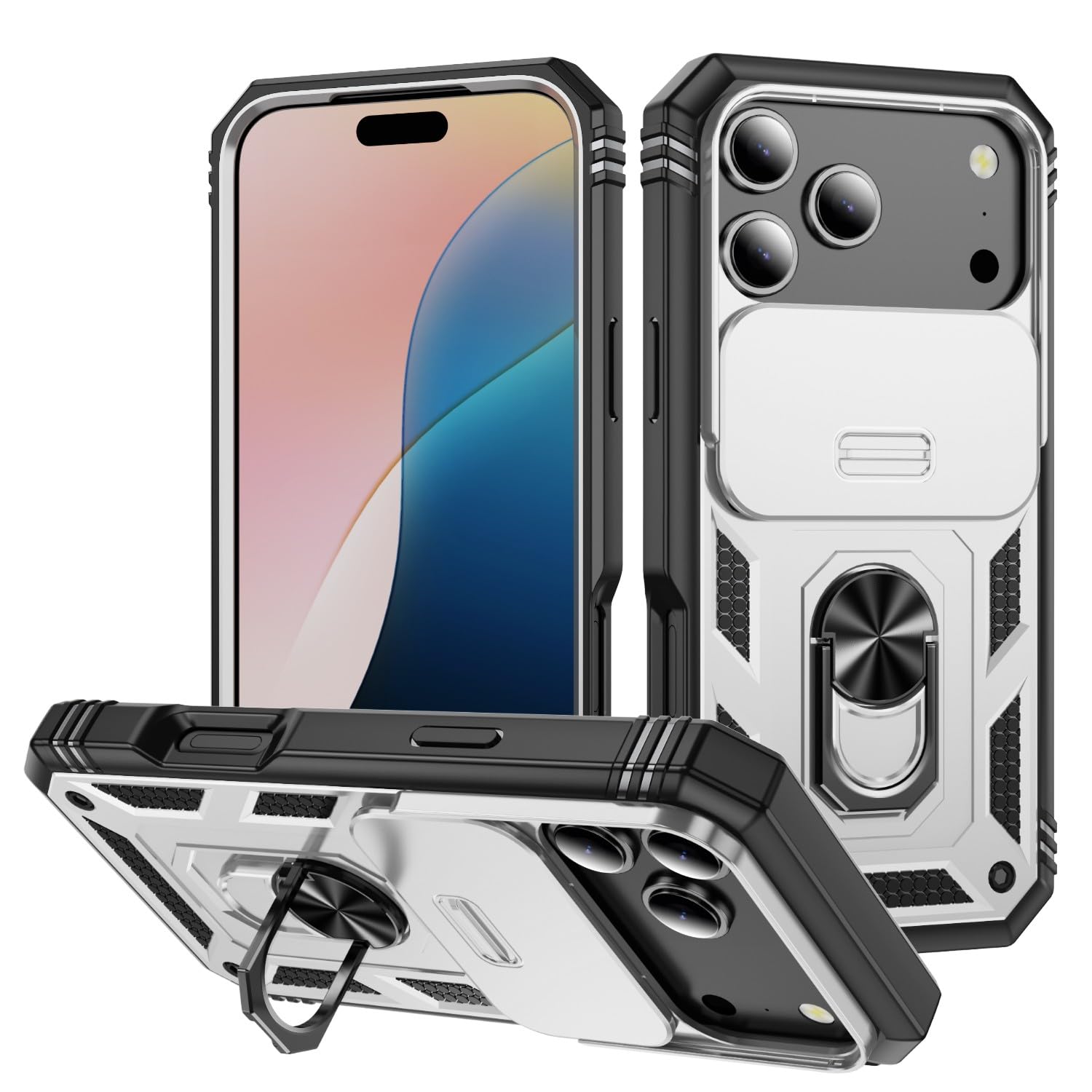 Coque iPhone 17 Pro Max avec anneau support rigide silicone blanc noir - 8