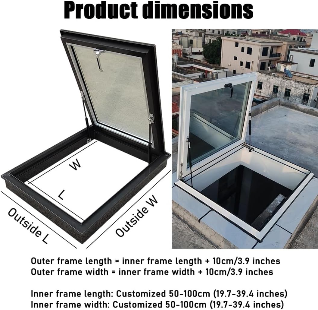 YVYKFZD Hand Skylight, Roof Window Flat Roof Lighting Well Window, Rooftop Hatch Lid Basement Window Well with Handles, Ventilation Aluminum Viewing Window for Attic/Sun Room(LxW 60x65cm/23.6x25.6in)