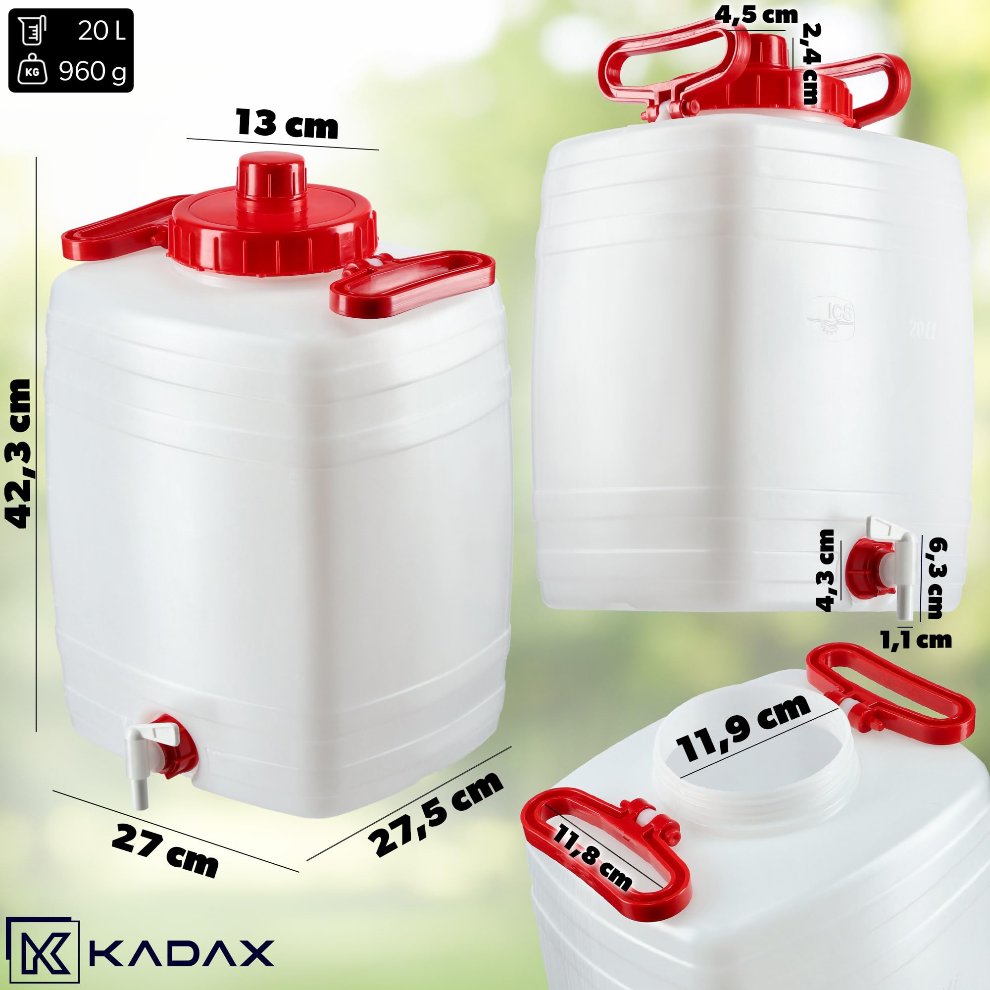KADAX Bidón de agua, barril para bebidas de plástico, bidón de agua potable, depósito de agua con grifo, recipiente de agua, bidón para bebidas con junta de goma (20 L, blanco)