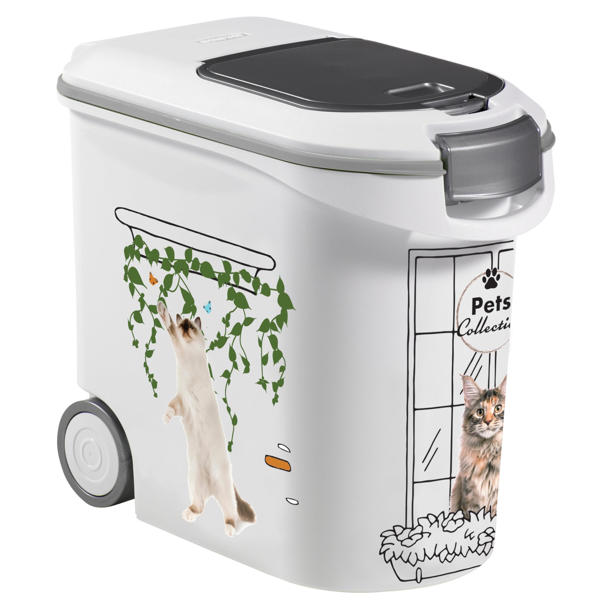 Curver Conteneur à Croquettes Pour Chats - 35L/12KG - Pets Collection - Rangement Hermétique Anti-Odeurs pour Nourriture pour Chats - Conteneur à Roulettes - 28 x 49 x 43 cm