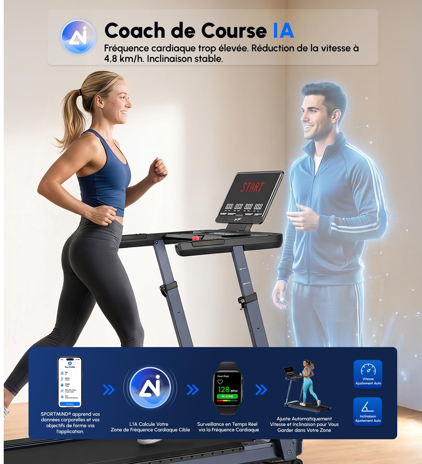 Tapis de Course Adaptatif IA - Vitesse et Inclinaison Automatiques, Coach IA en Temps Réel, Contrôle Cardiaque Intelligent, Moteur 5,0 HP, Charge Max 200 kg, pour Débutants