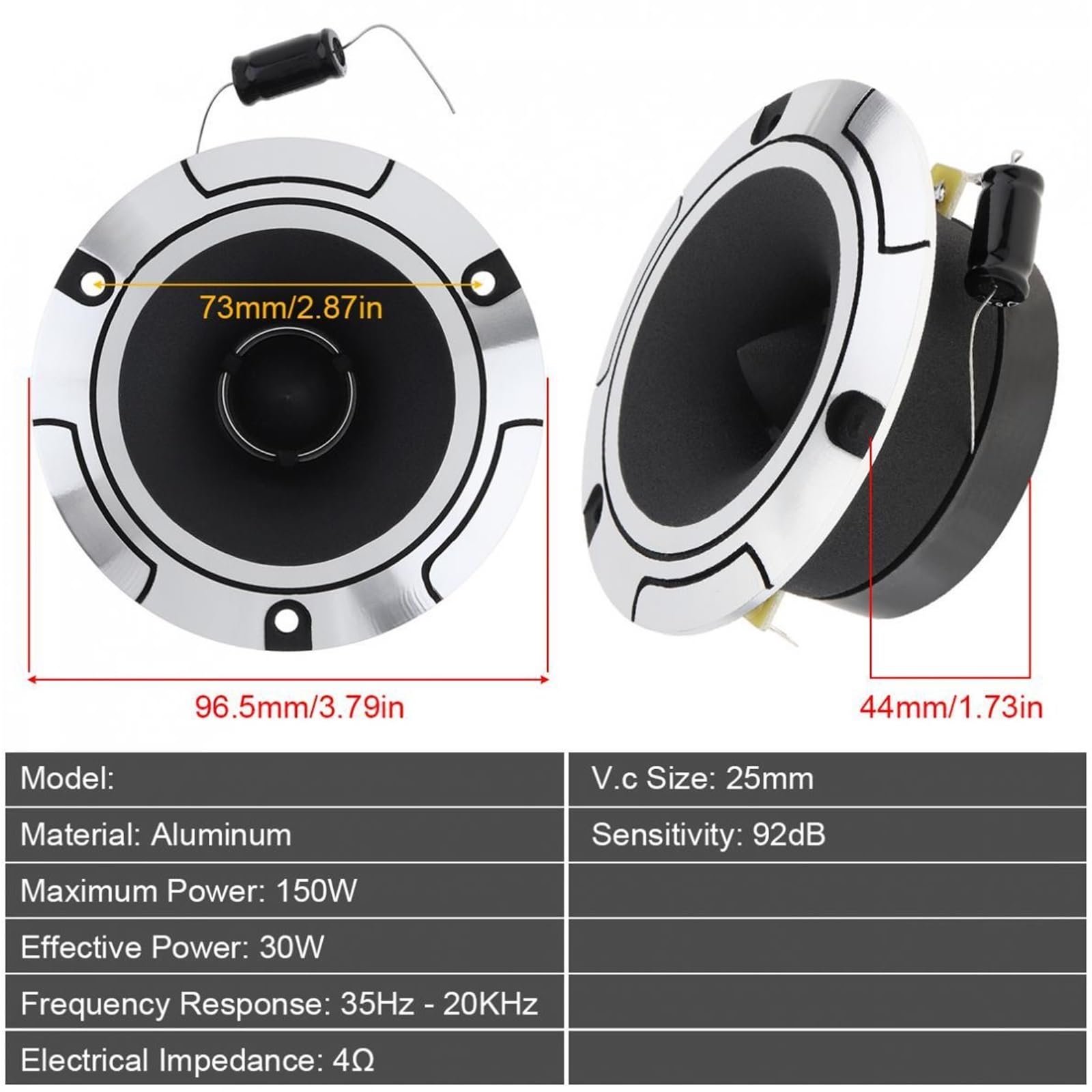 Tweeters para Coche 2 tweeters de Bala de Aluminio de 4 Pulgadas, 150 W, 6 ohmios, con Condensador para estéreo de vehículo, Modificado. Altavoces de Coche