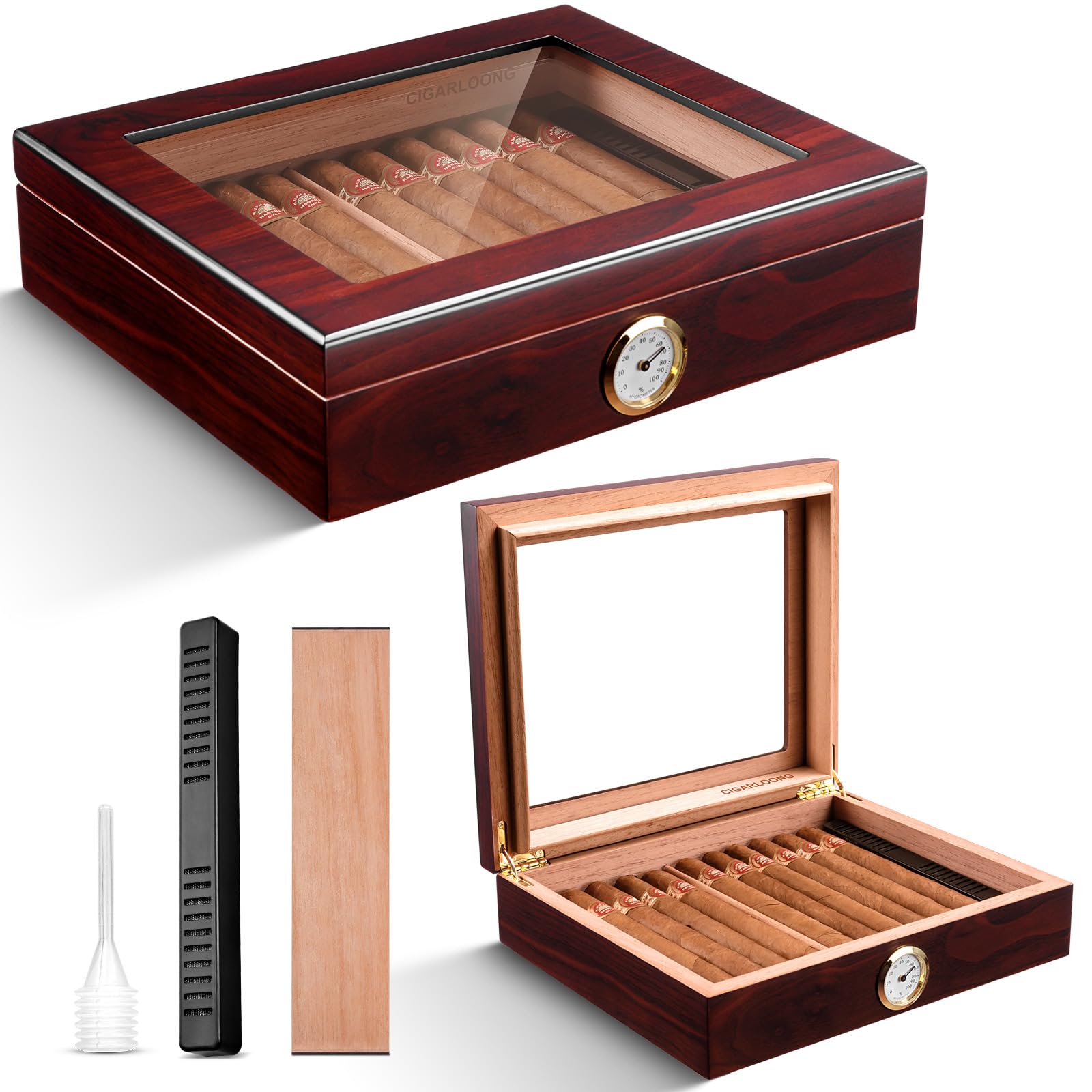 CIGARLOONG Zigarren Humidor Spanische Zeder Desktop Box mit Luftbefeuchter und Hygrometer Halten bis zu 25 Zigarren (Dunkelrot)
