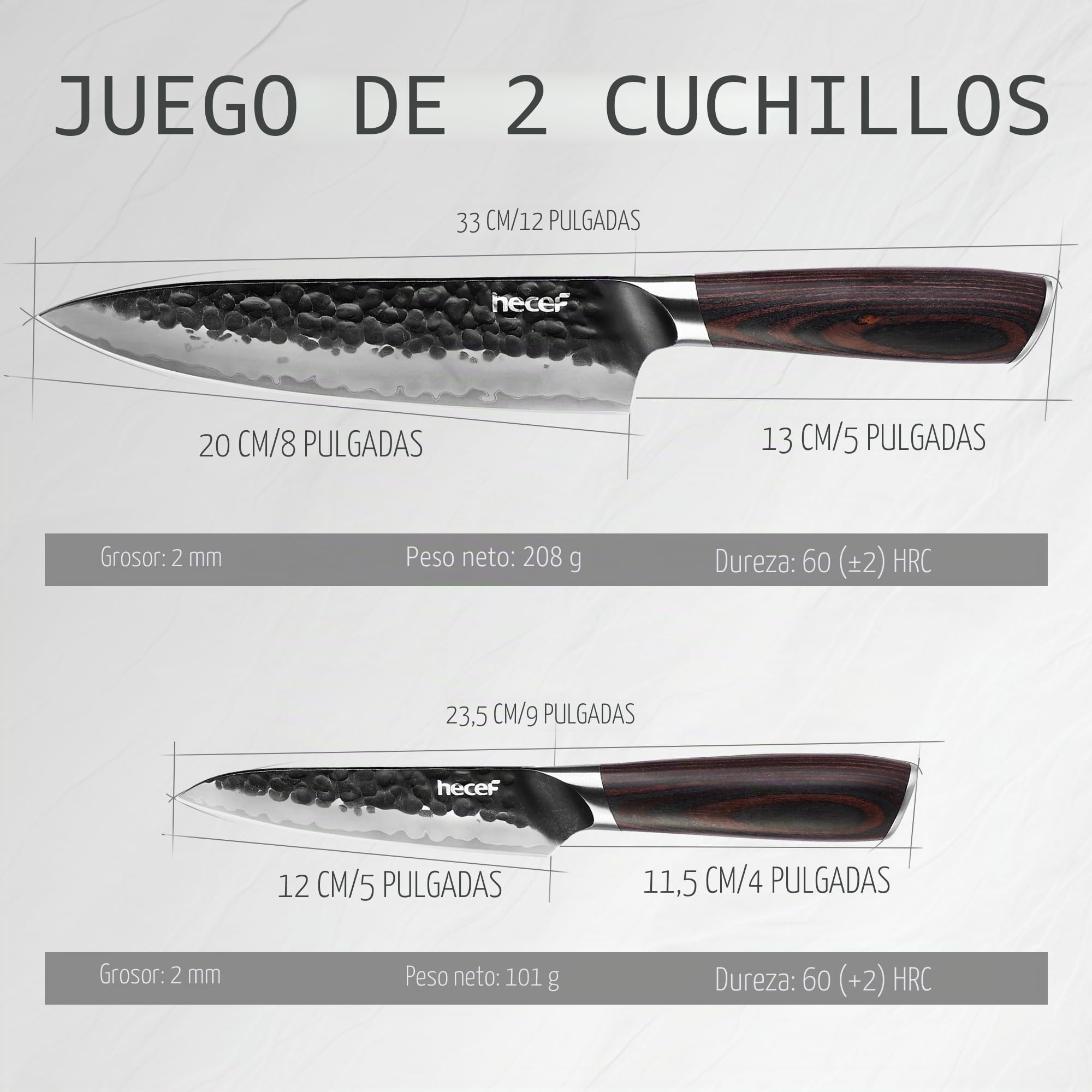 hecef set de cuchillos de cocina 2 piezas, cuchillo de chef y cuchillo utilitario, hoja martillada de acero inoxidable de alto contenido en carbono de 3 capas, mango ergonómico de madera de Pakka