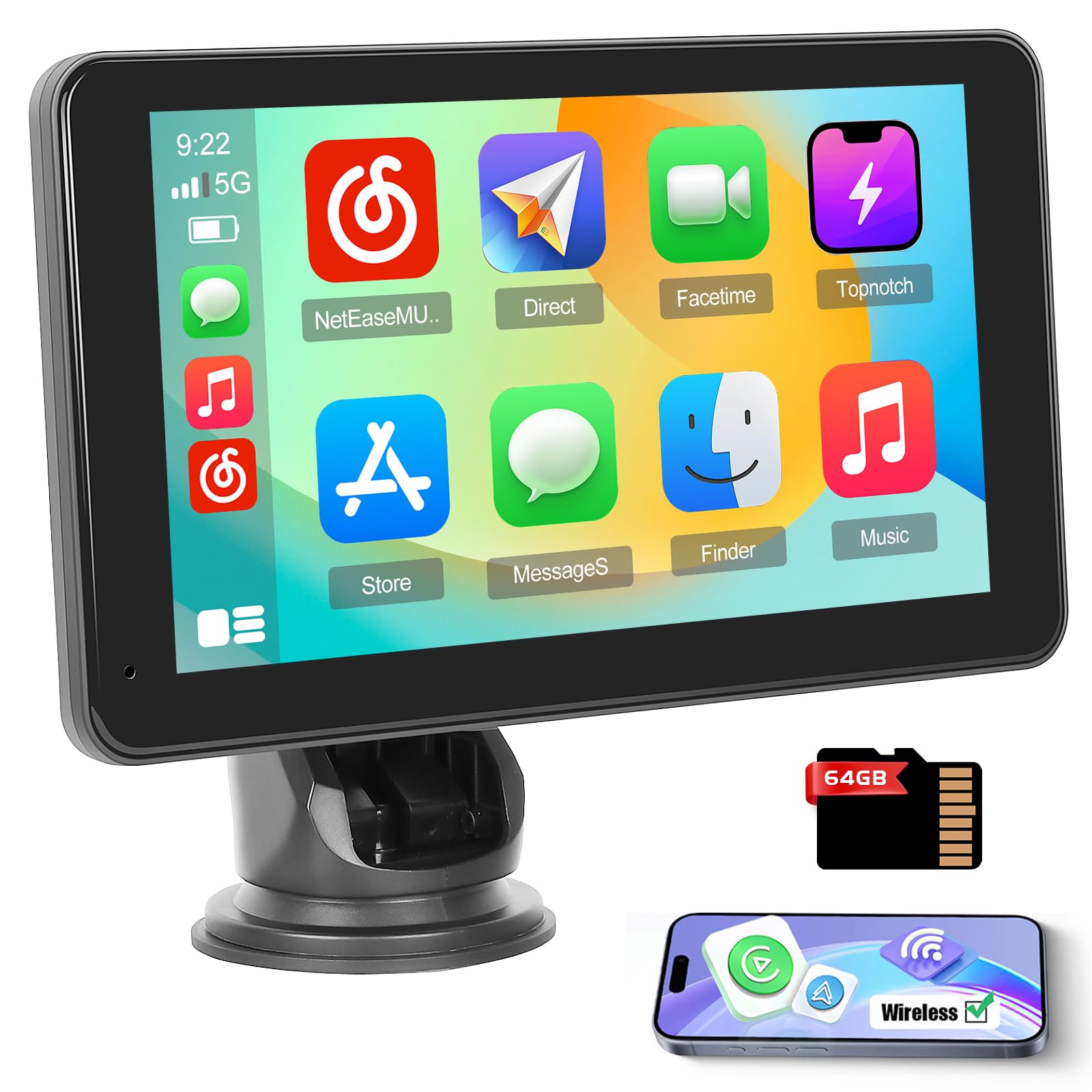 Inefala Autoradio Navigatore GPS con Wireless Carplay Android Auto 7" Touchscreen Auto Stereo Radio con Bluetooth, Airplay, Siri, Trasmettitore AUX/FM, Collegamento a Specchio, Tipo-C 64G TF Card
