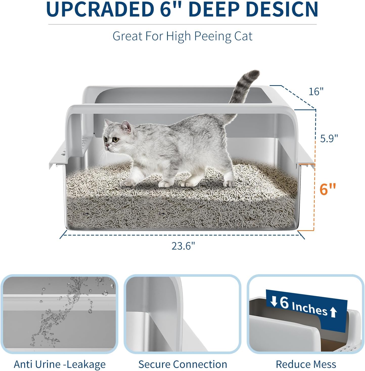 GarveeLife Stainless Steel Cat Litter Box 6 in, XXL Large Cat Litter Tray with High Side, Platform Step and Scoop for Big Cats Multiple Cats, Easy Clean