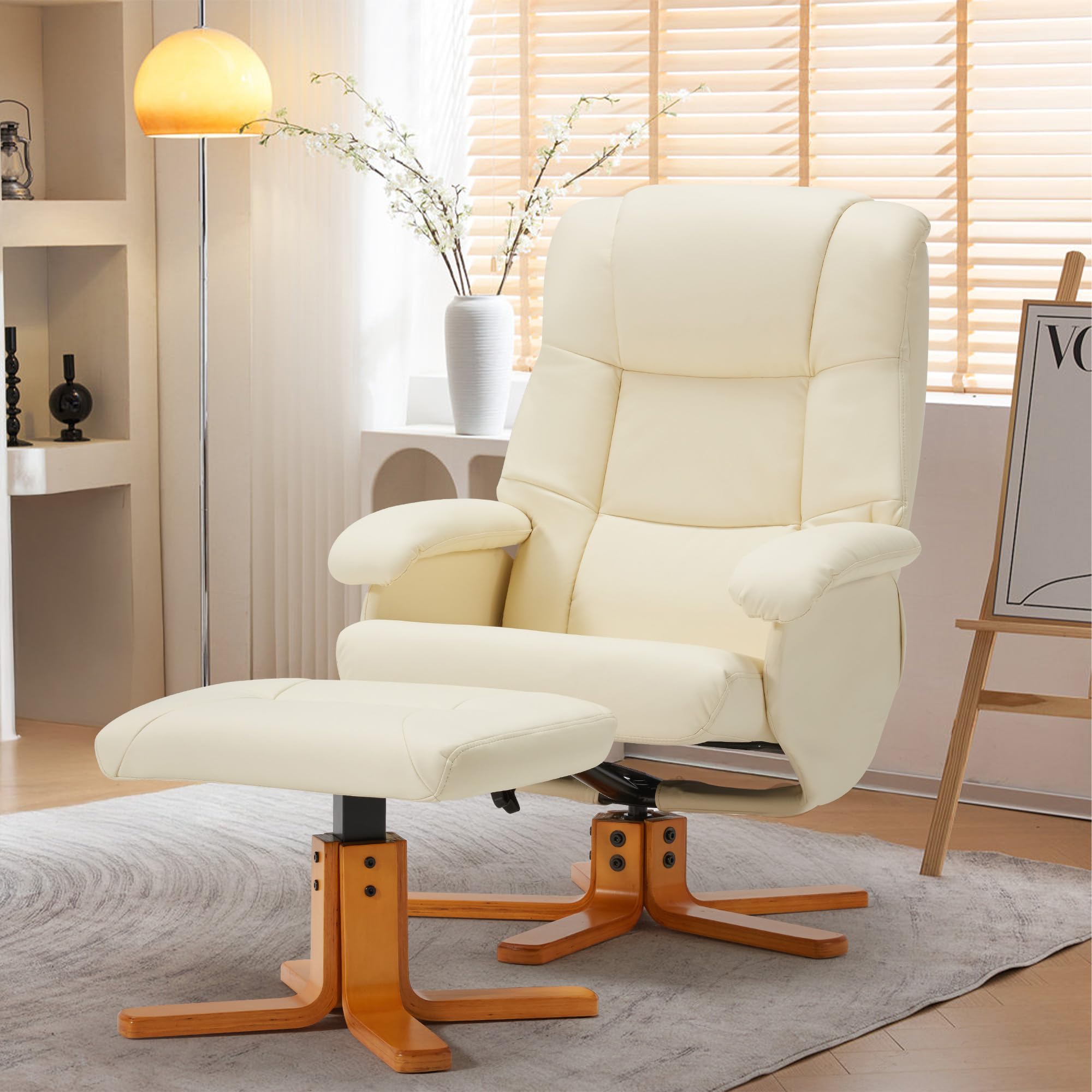 BUPPLEE Swivel Recliner with Ottoman, Chaise Lounge Chair Indoor, Swivel Chairs for Living Room, Small Space, Bedroom,Office (Beige)