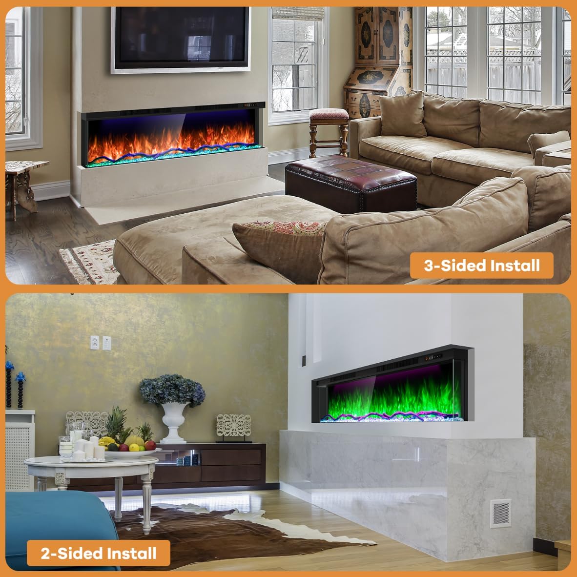3 Sided Smart 80 Inch Electric Fireplace with Touchscreen & APP Control, Multi-Color Combinations, Built-in Fire Place Inserts 1500W Heater, Cracking Sound, 9H Timer, Log & Crystal