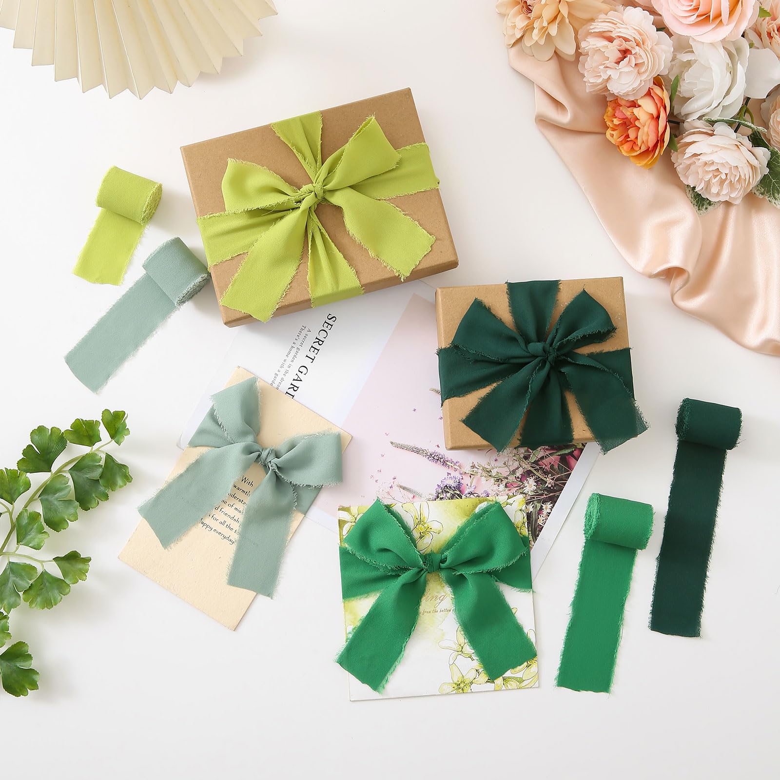 Pretty Jolly Green Chiffon Ribbon for Gift Wrapping 1 1/2 Inch 20Yd Wedding Car Ribbons Handmade Fringe Silk Ribbon for Cake Flower Bouquet Wedding Invitations DIY Crafts and Hair Bow - Image 4