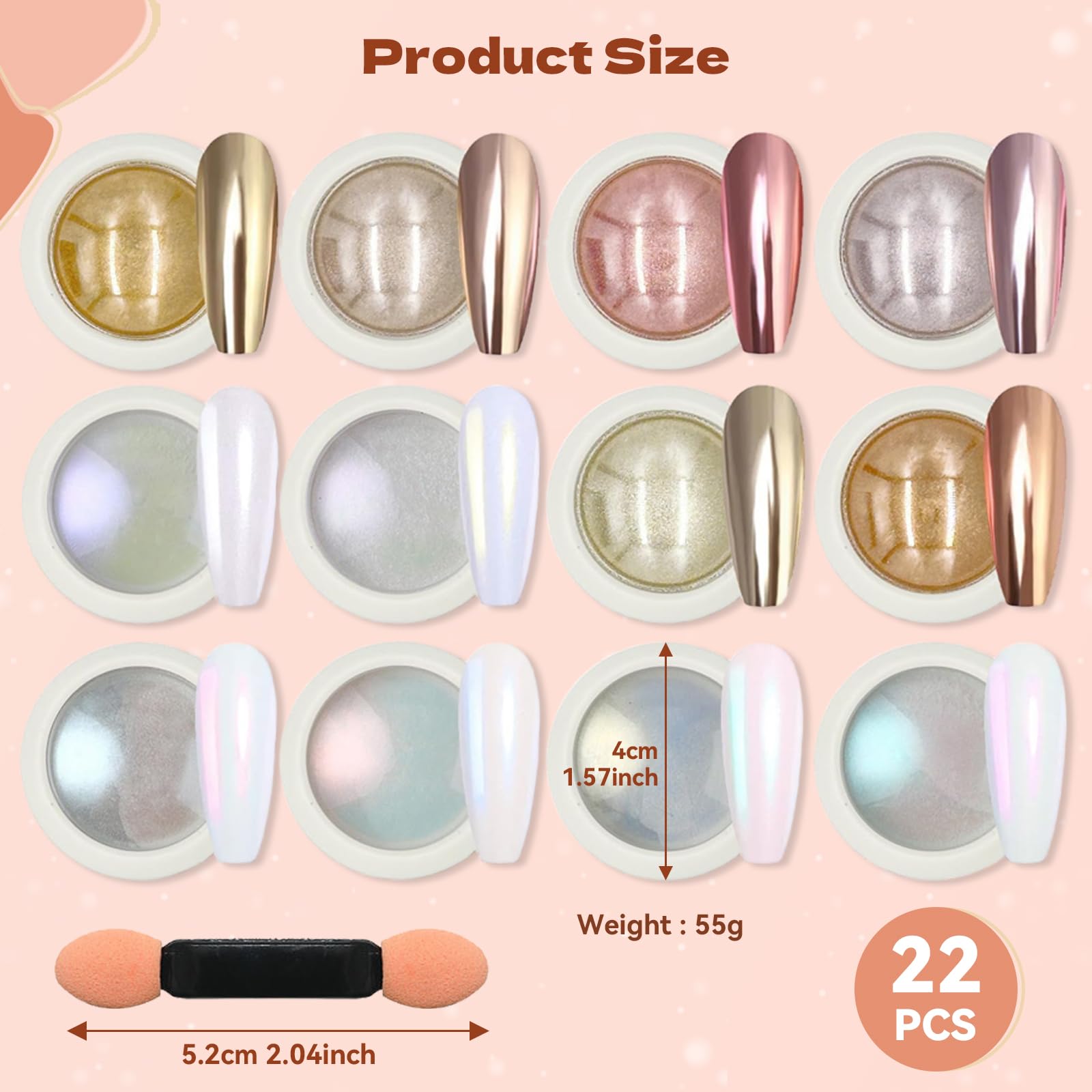 ZhouWei Zestaw 22 chromowanych paznokci w proszku do paznokci, metal chromowany puder do paznokci Crome, efekt lustra, puder do paznokci, duża pojemność, brokat, zestaw do malowania paznokci, do wielu