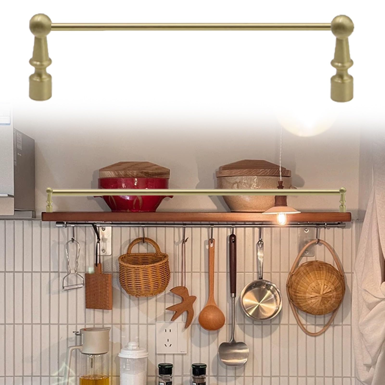 Minglez One Color Brass Kitchen Shelf Rail With Spindles And Screws, Brushed Gold Anti-Fall Shelf Guard Rail For Bookshelves/Bedroom, Decor Tipping Gallery Rails Set(16Inch/406Mm)