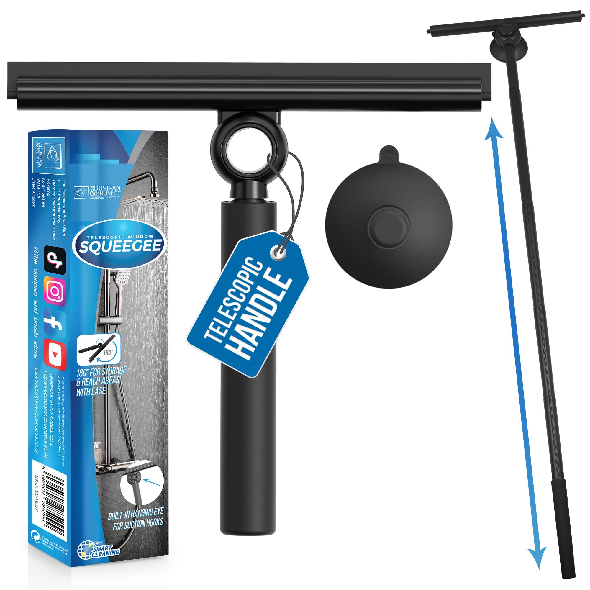 Tdbs The Dustpan And Brush Store Black Telescopic Shower Squeegee - 97Cm Extendable - Squeegee With Rubber Lip - Shower & Bathroom Glass Cleaner
