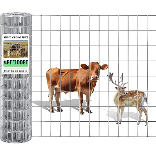 Gisafai 48in x 100ft Welded Wire Fence, 2 Inch x 4 Inch 16 GA, Galvanized Metal Garden Fence Roll Wire Mesh Netting for Goat Deer Cattle Animal Enclosures and Yard Vegetable Plant Protection,Silver