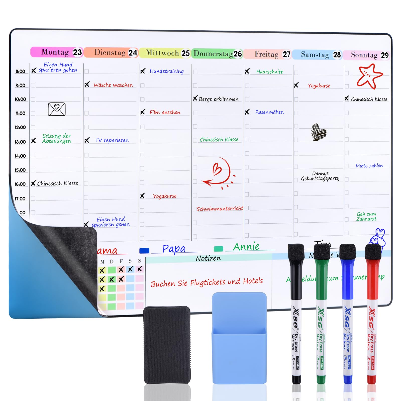 POPRUN Familien Planer Whiteboard Wochenplaner 60x40cm, Abwischbar Selbstklebend, für Wand Glas Holz Glatte Oberflächen, Haushaltsplan Terminplaner Planungstafe